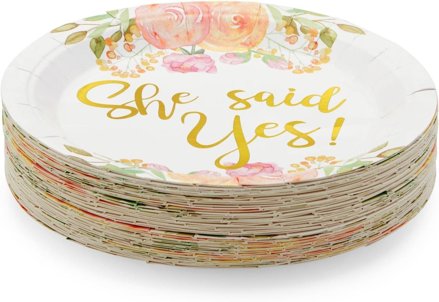 Sparkle and Bash 48-Pack Gold Foil She Said Yes Plates for Engagement Party, Bridal Shower Decorations, Bachelorette, Floral Design, 9 In