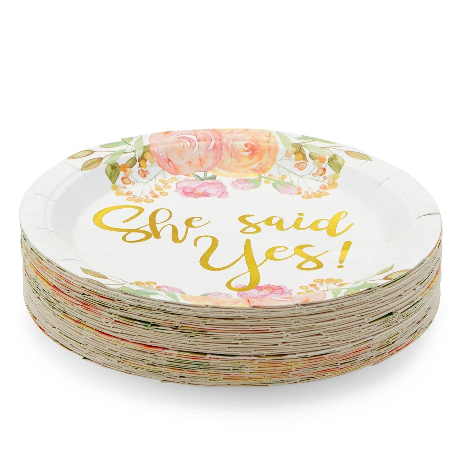 Sparkle and Bash 48-Pack Gold Foil She Said Yes Plates for Engagement Party, Bridal Shower Decorations, Bachelorette, Floral Design, 9 In