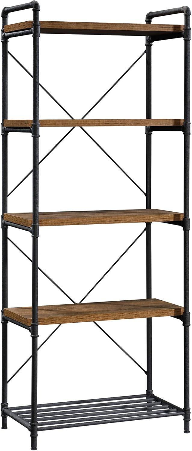 76" Tall Iron City Bookshelf Checked Oak - Sauder: 5-Shelf Metal Frame, Farmhouse Style, Rustic Storage: Vertical Shelving Unit