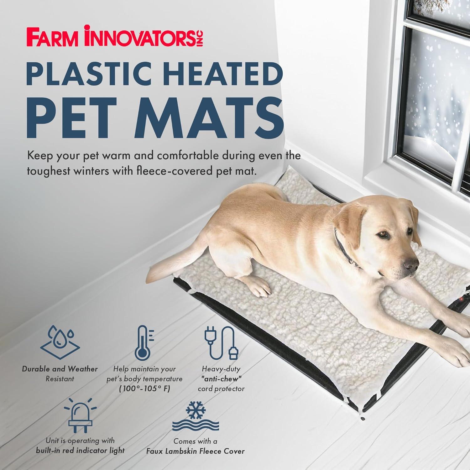 Farm Innovators HM-100L 24 x 29 In Plastic Heated Pet Mat with Fleece Cover and Heavy Duty Anti Chew Cord Protector for Dogs, Cats, and More, 100W