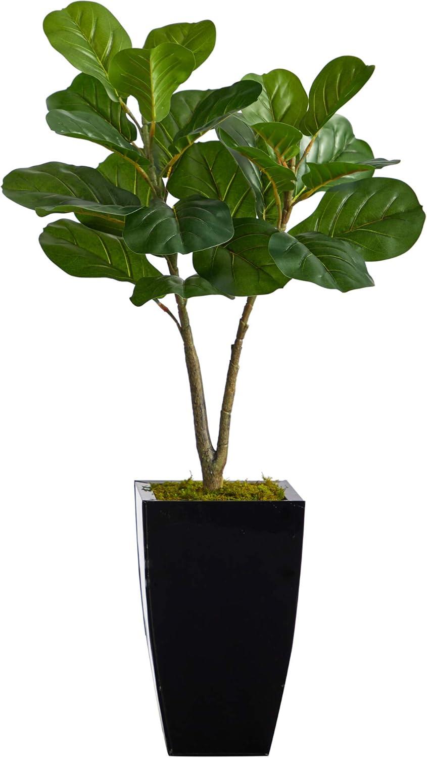 Nearly Natural 3-ft Fiddle Leaf Fig Artificial Tree in Black Metal Planter