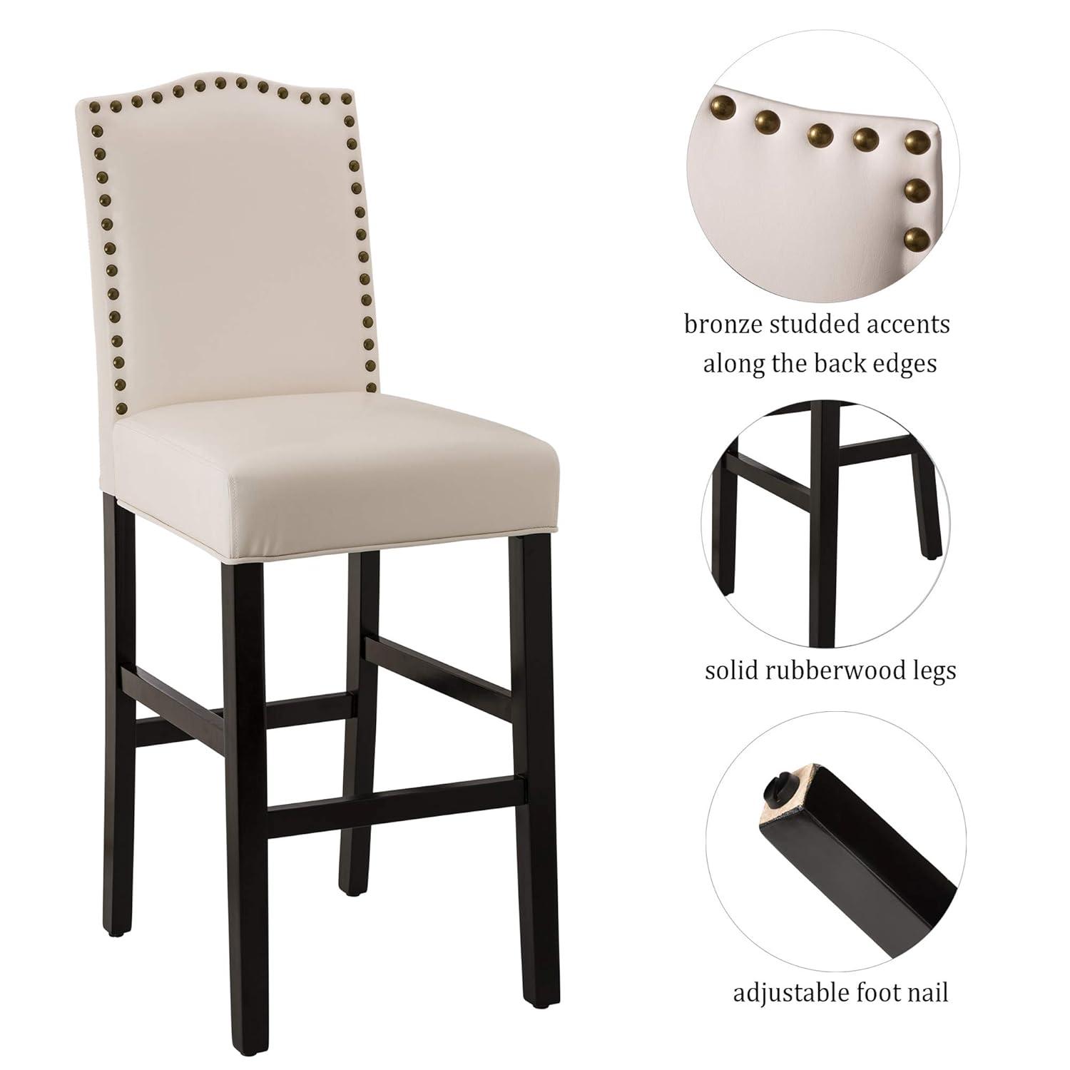 Set of 2 Leatherette PU Barstools with Studded Decor Off White - Glitzhome: Rubberwood Frame, Footrest, Modern Style