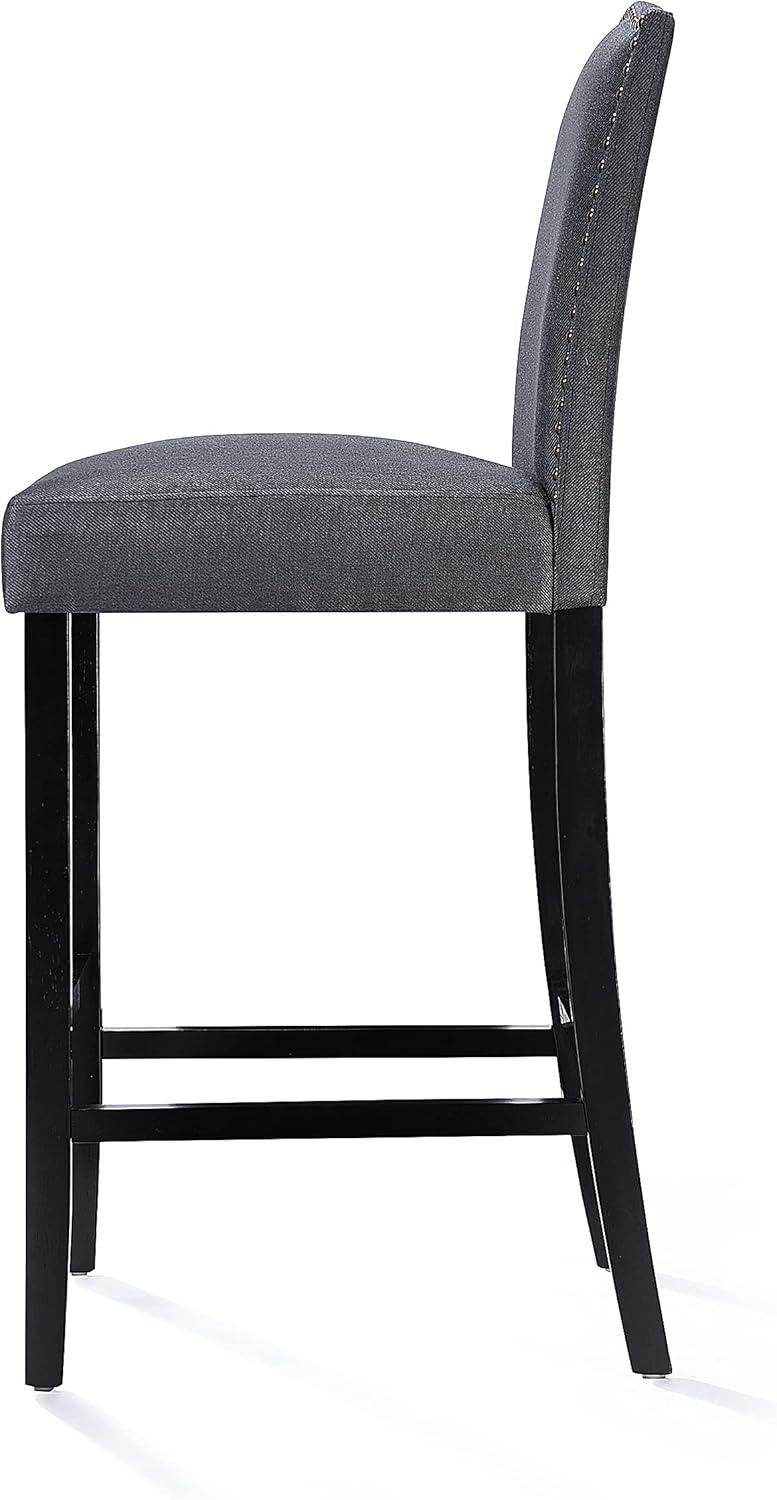 Dark Charcoal and Walnut Upholstered Barstools with Nailhead Trim, Set of 2