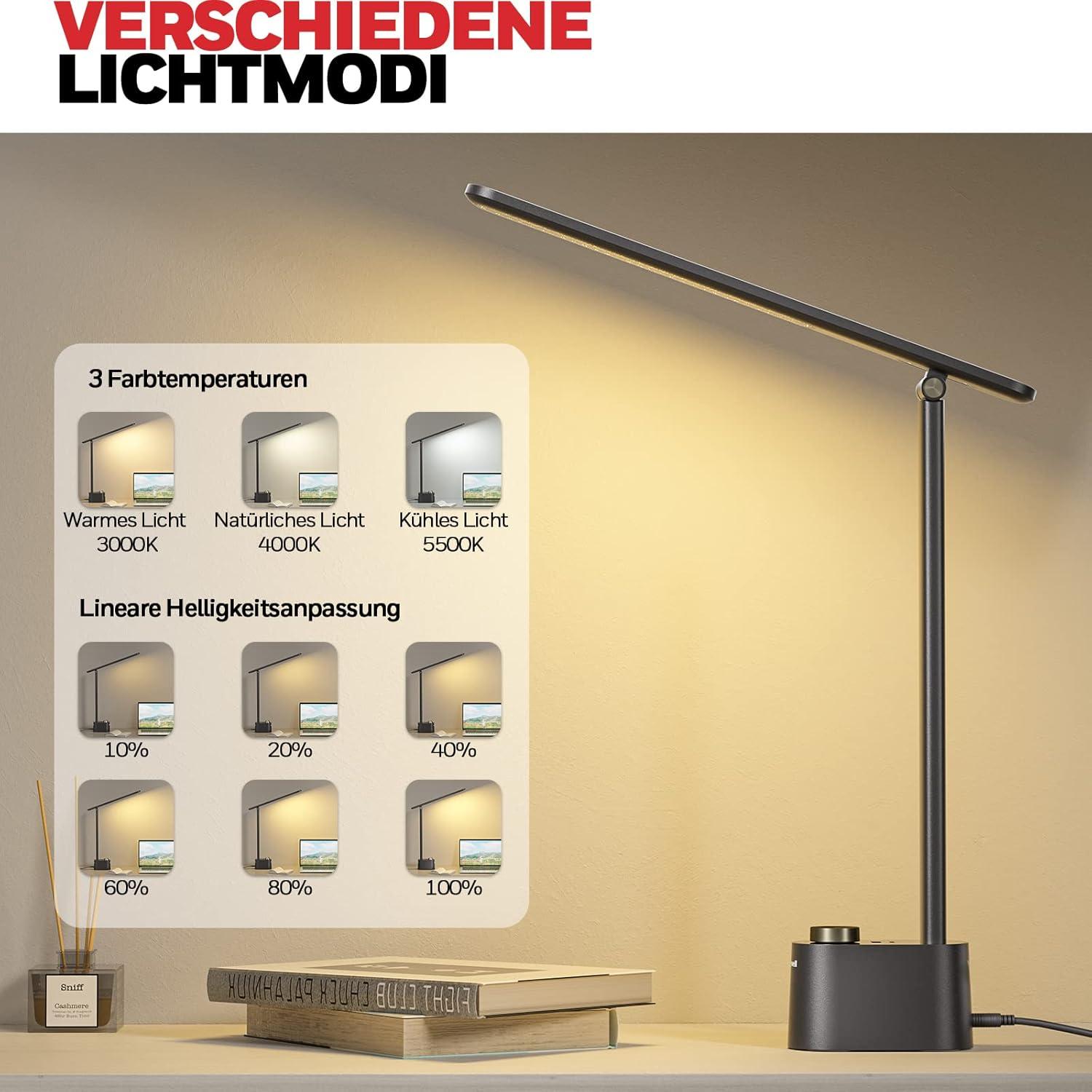 UNIVERSAL WINDOW SOLUTIONS LED Desk Lamp With USB Charging Ports HWT-H01 - Stepless Dimmable Eye Caring Desk Light For Home Office Bedroom Bedside College Dorm, Foldable Table Lamp Reading Lamp