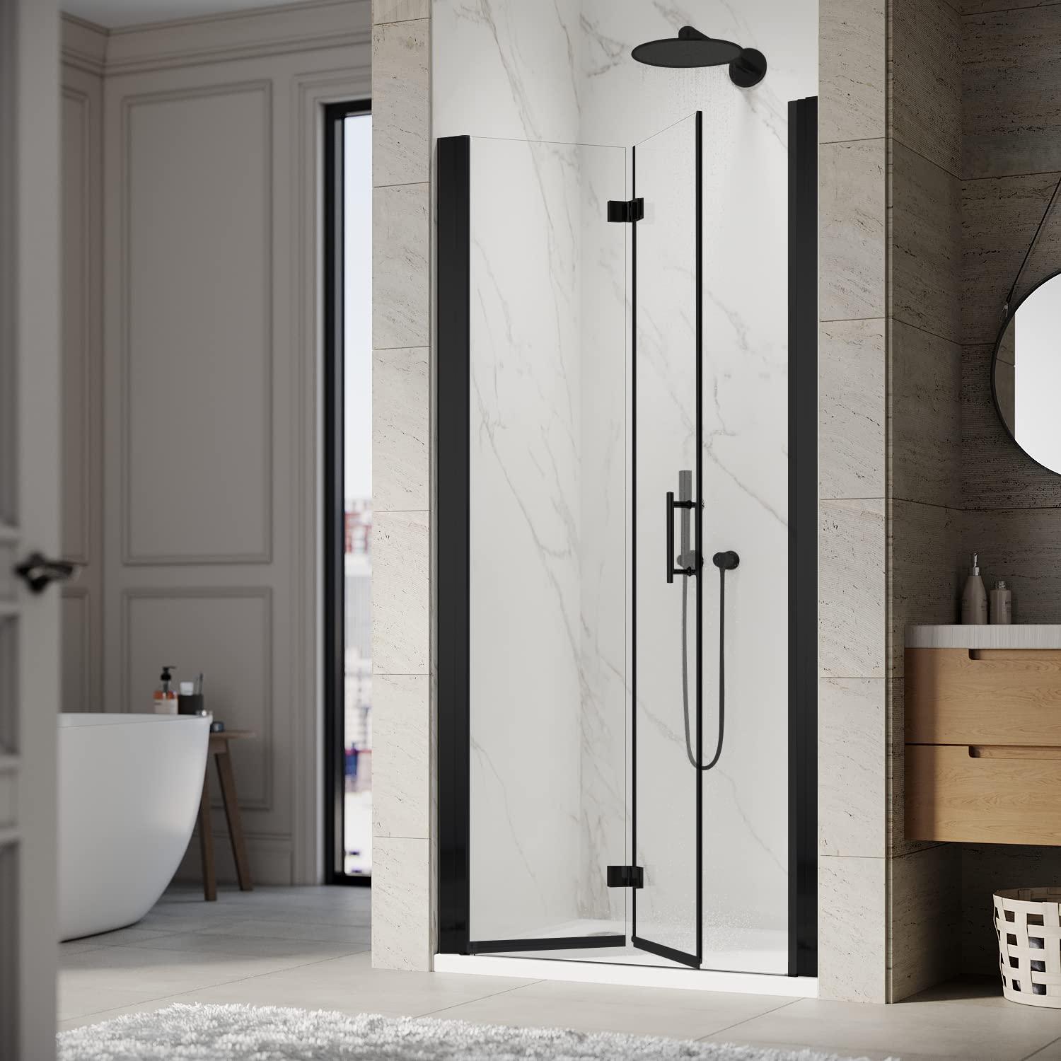 Sunny Shower Bifold Pivot Swing Frameless Shower Door in Black 34 in.W x 72 in.H