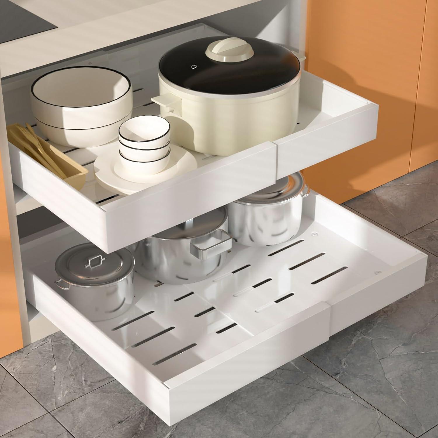 Pull Out Cabinet Organizer 2 pack,Expandable (12.6"-20.4") Pull Out Drawers for Cabinets, Slide Out Cabinet Organizers with Adhesive Nano Film for Kitchen Cabinet Organization