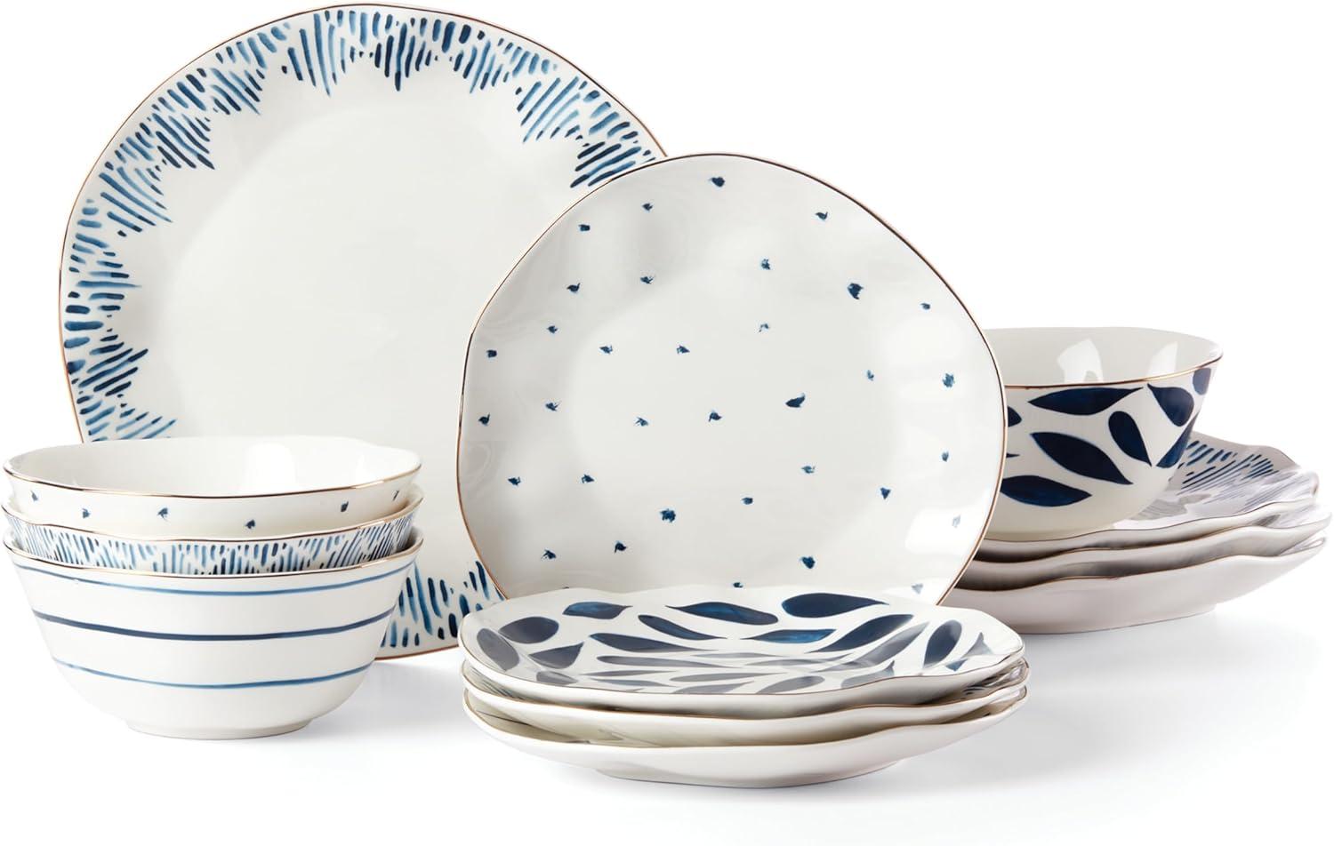 Blue and White Porcelain 12-Piece Floral Dinnerware Set