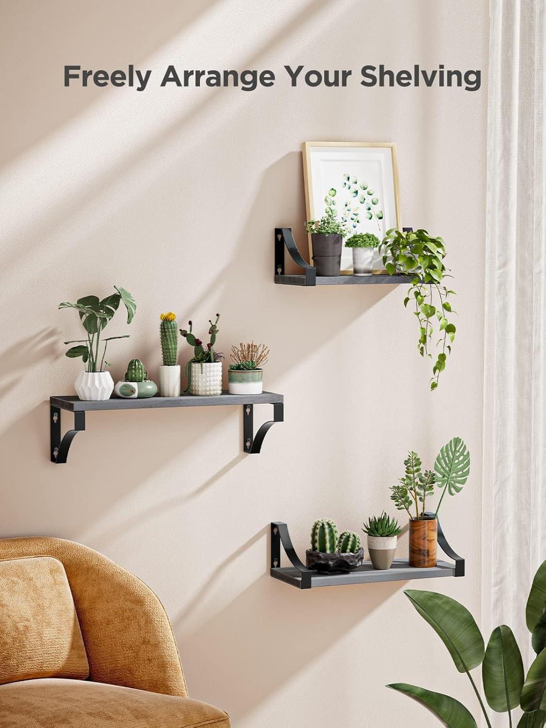 Gray Wood Floating Accent Shelves with Black Metal Brackets, Set of 3