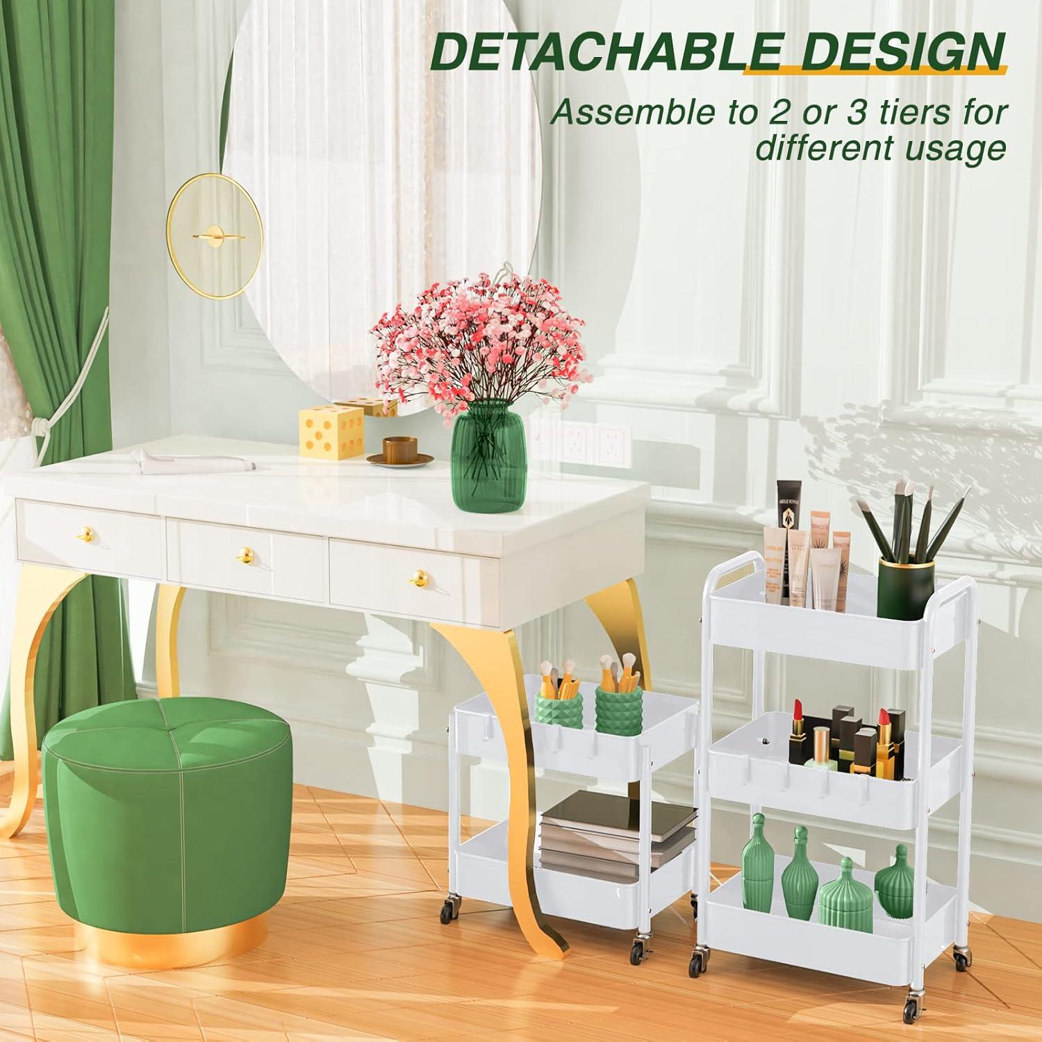 LEHOM 3 Tier Rolling Utility Cart, Metal Trolley Cart with Wheels, Hooks, Easy Assembly Organizer Storage Cart for Bathroom, Kitchen, Office, Bedroom(White)