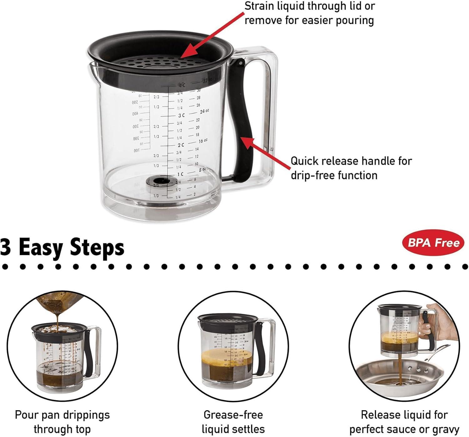 Amco 4 Cup Easy Release Fat And Gravy Separator With Deep Removable Lid & Quick Release Handle - Black