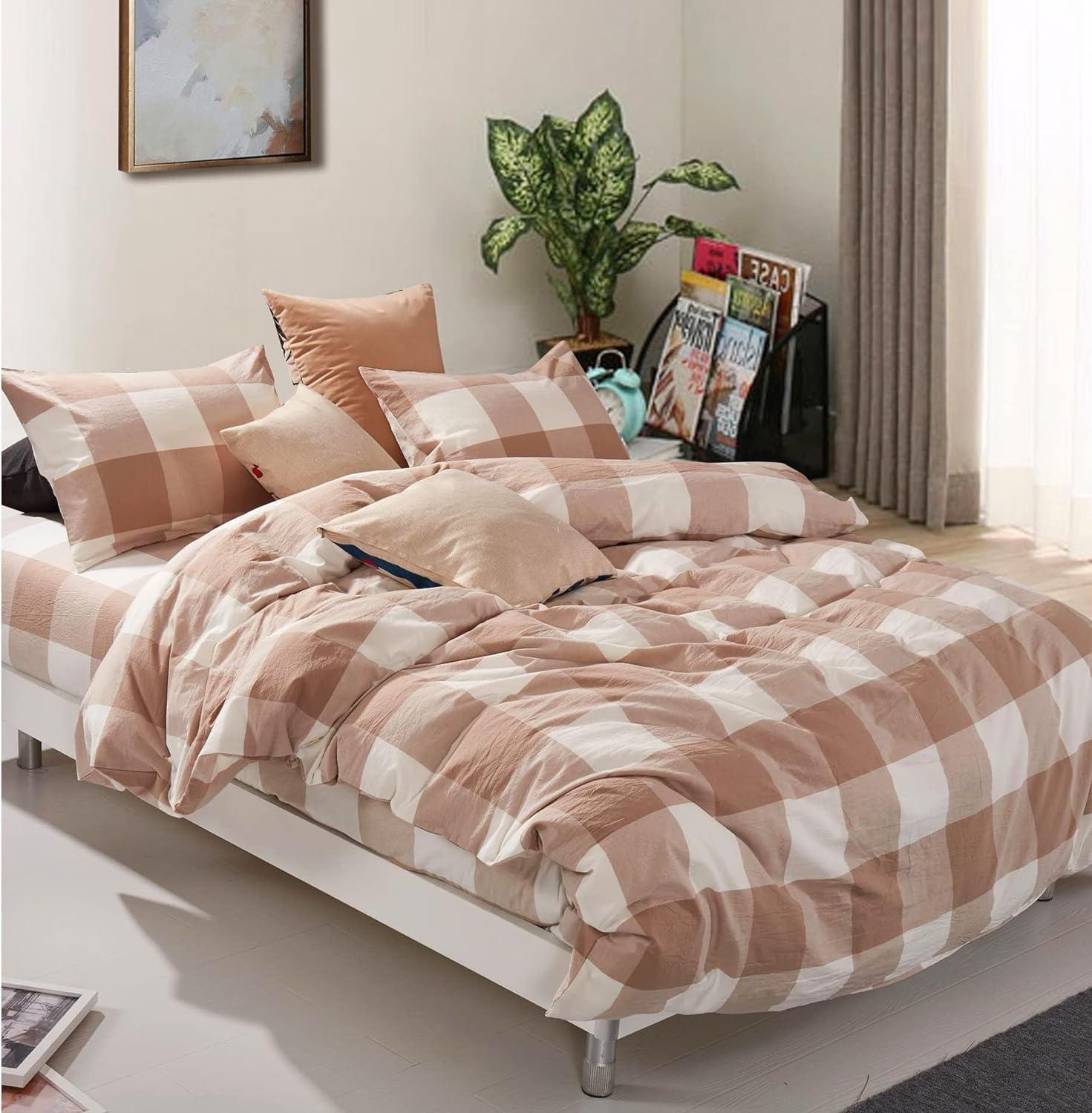 Queen Coffee Plaid Cotton Flannel Duvet Cover Set