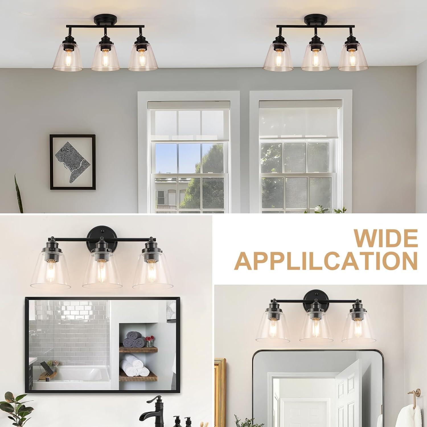 3-Light Bathroom Light Fixtures Bathroom Vanity Lights with Clear Glass Shades Matte Black Bathroom Light Fixtures over mirror for Mirror Living Room Cabinet Bedroom Porch