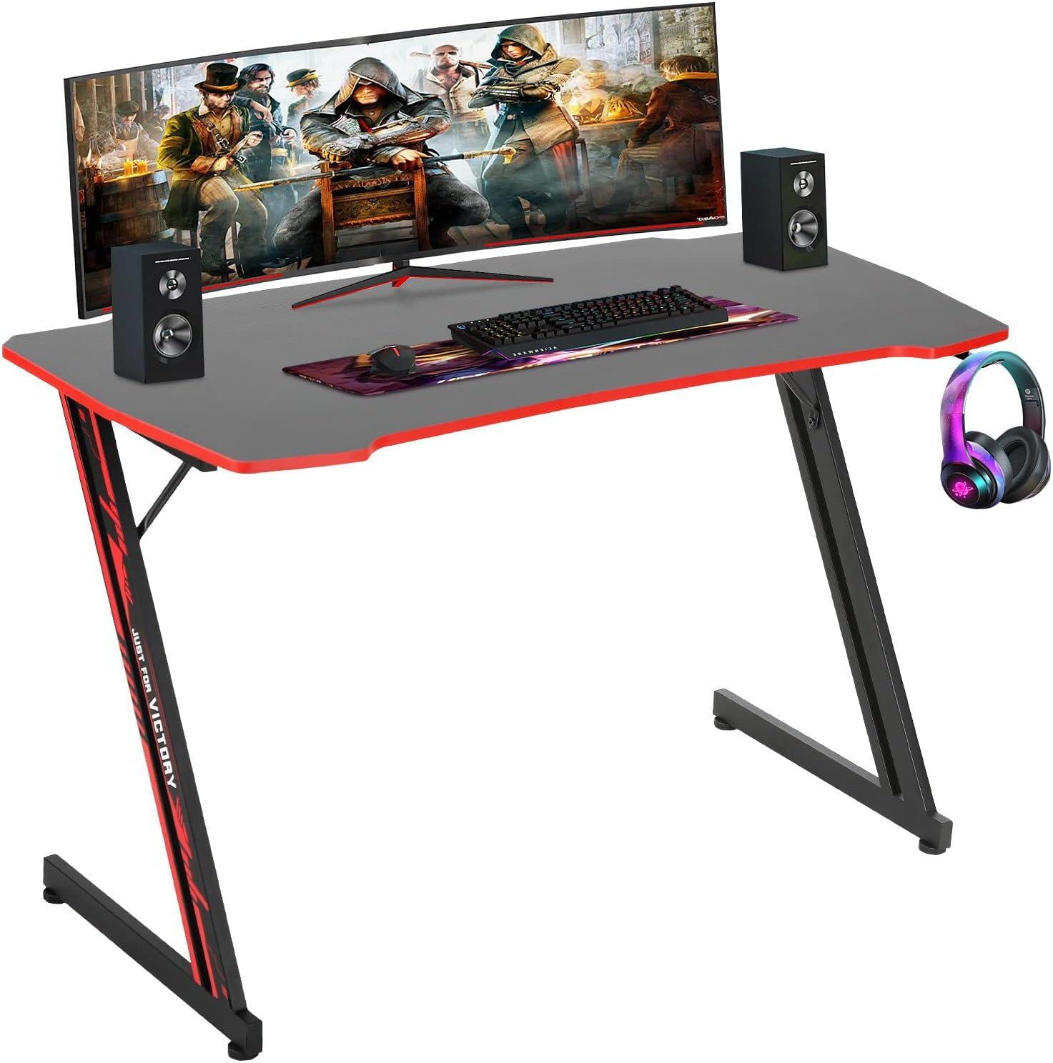 BestOffice 35"/39"/47" Computer Desk Z Shaped Workstation Ergonomic Table with Headphone Hook for Game Players (Red, 47 in)