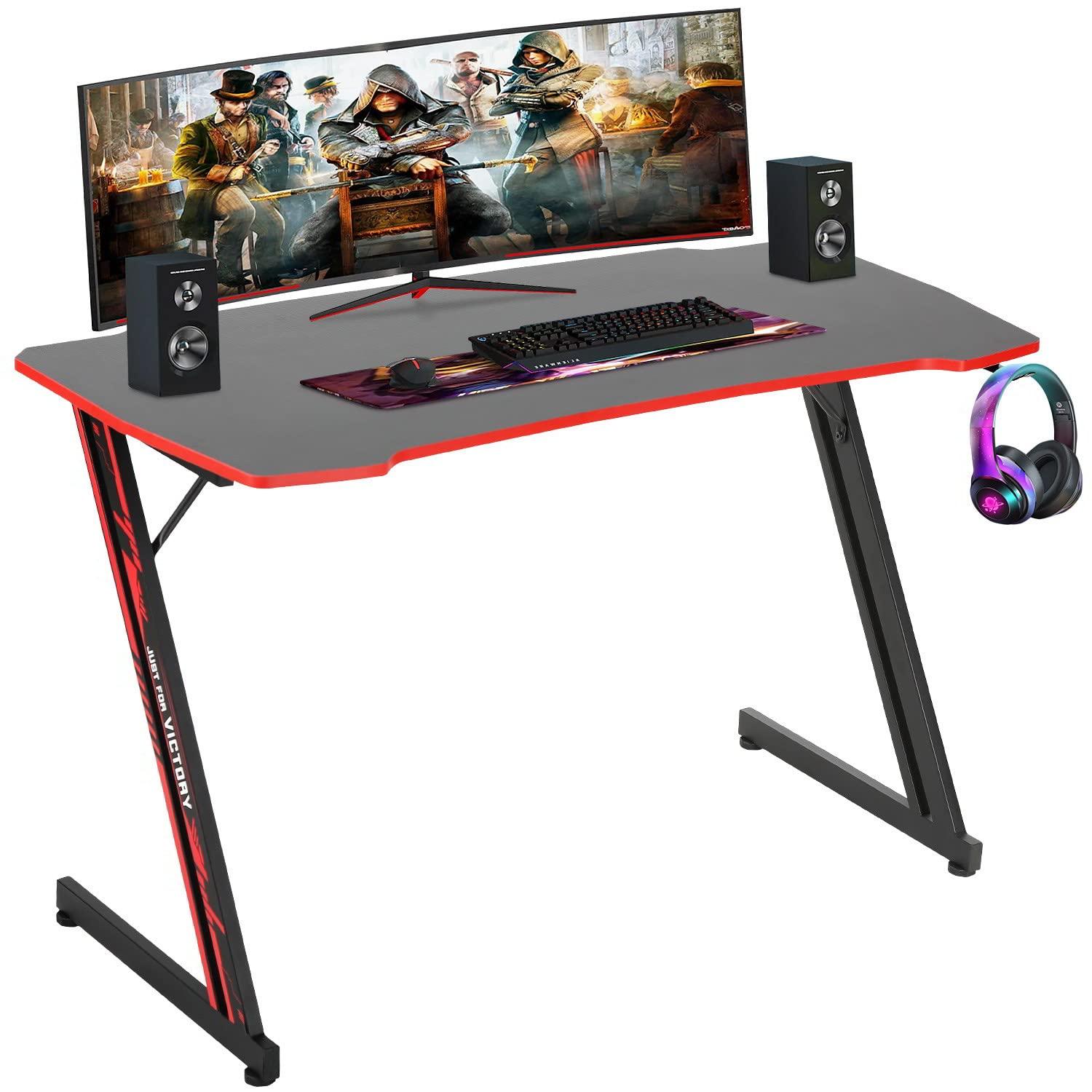 BestOffice 35"/39"/47" Computer Desk Z Shaped Workstation Ergonomic Table with Headphone Hook for Game Players (Red, 47 in)