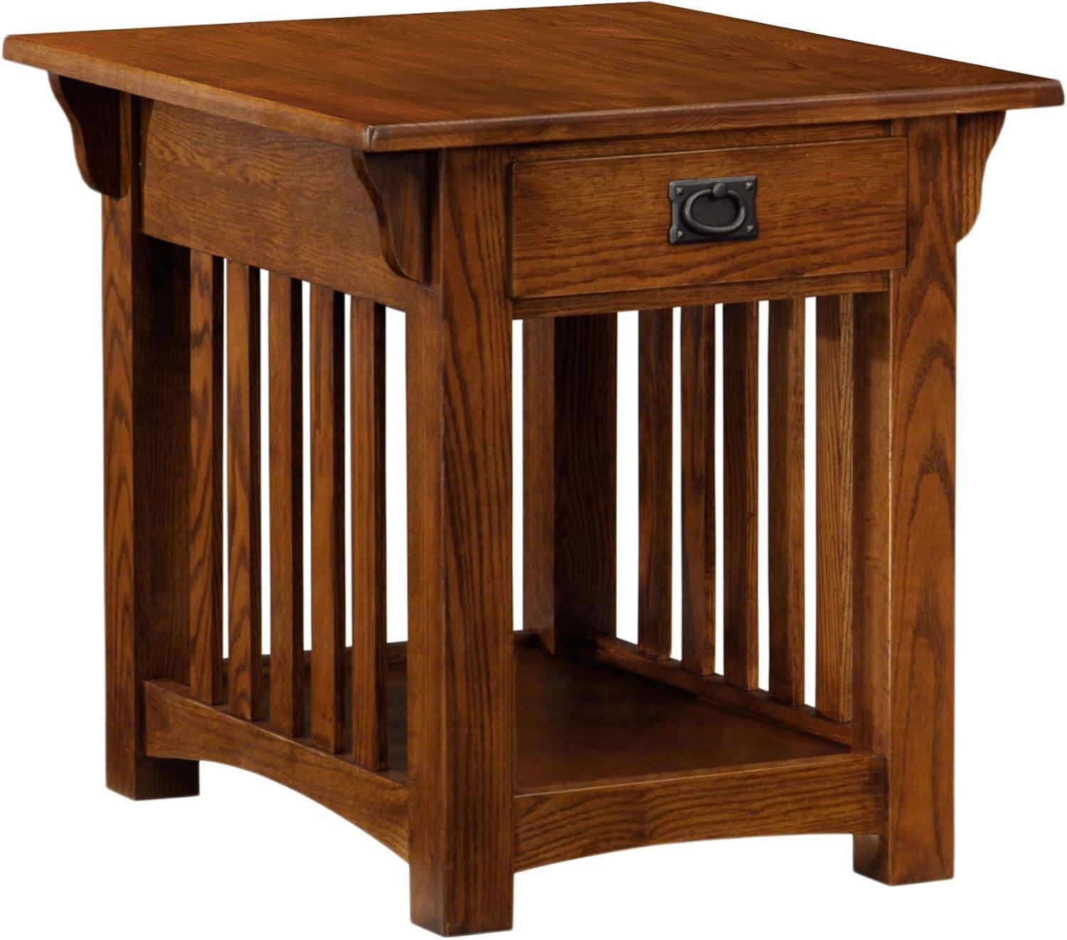 Medium Oak Mission Style End Table with Drawer and Shelf