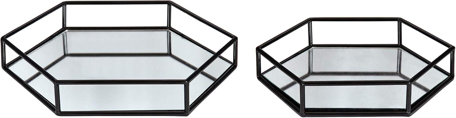 Black Hexagonal Metal and Mirrored Glass Decorative Trays, Set of 2