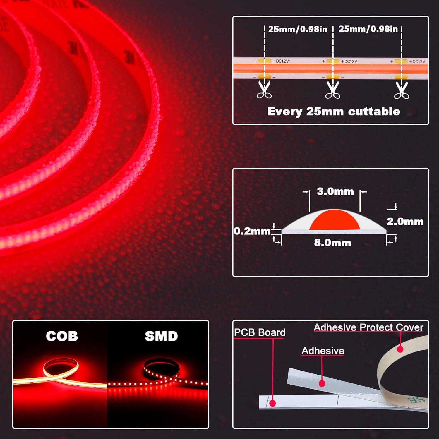 12V COB LED Strip Light Daylight White 5000K Waterproof IP65 480LEDs/M Super Bright 4000Lm CRI>90 16.4ft/5M Dotless High Density Cuttable Flexible for Cabinet Home DIY Lighting Projects