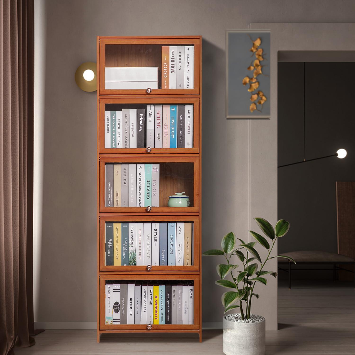 Magshion Bamboo/Acrylic 3 Shelves Bookshelf, with Transparent Door Bookcase, Brown, for Home