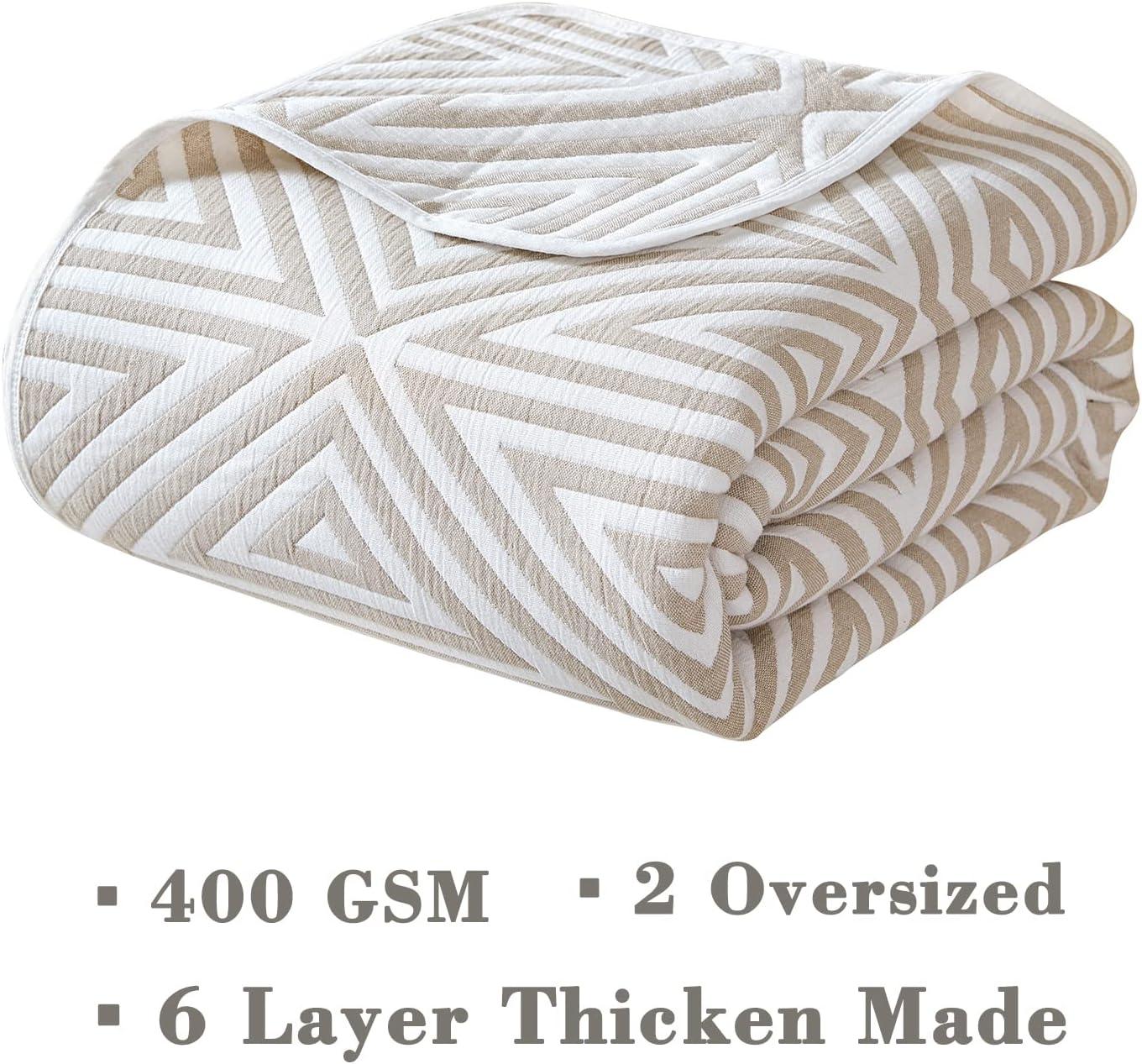 Light Tan Cotton Queen Reversible Blanket with Geometric Pattern