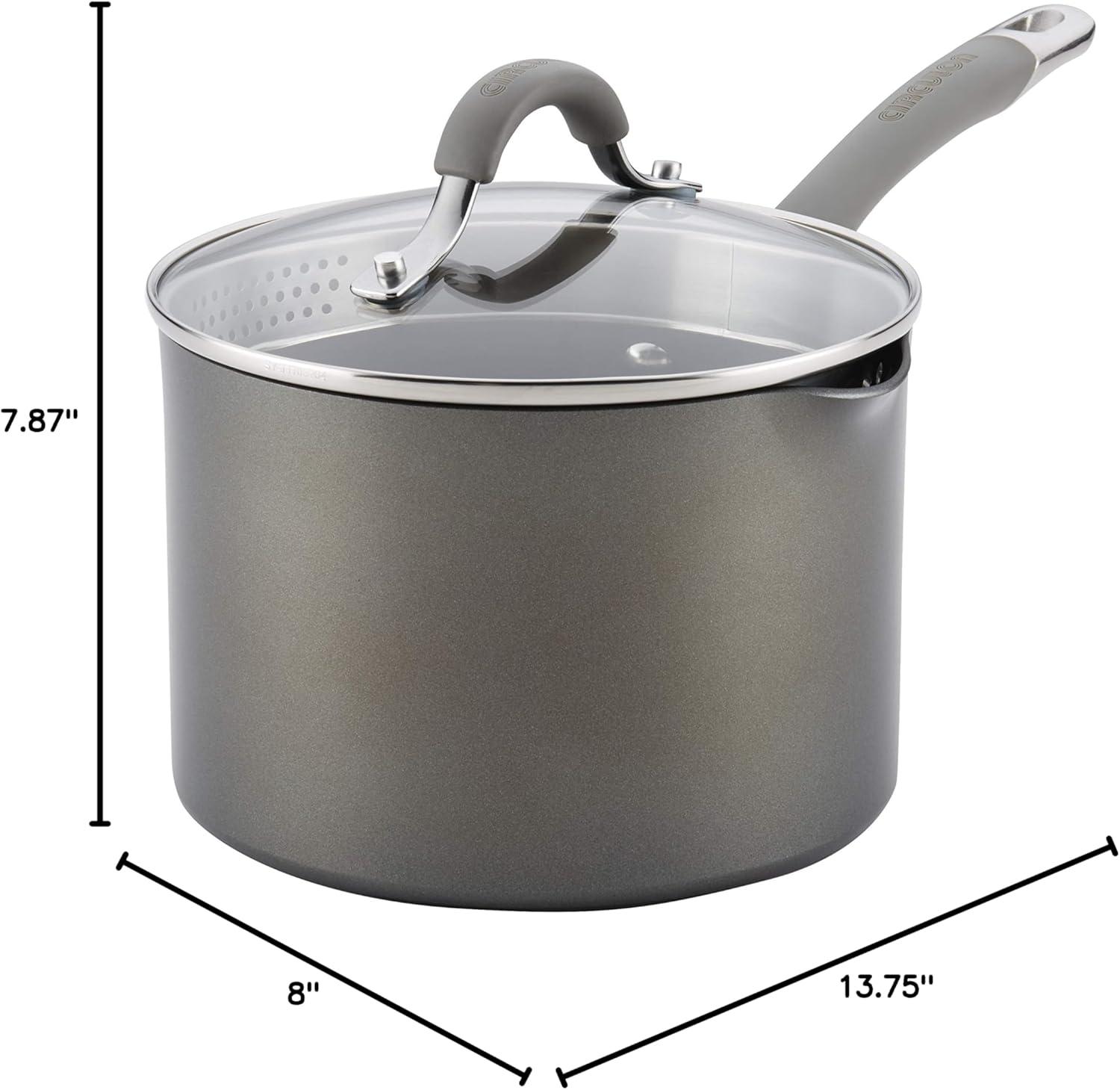 Oyster Gray Aluminum Nonstick Saucepan with Pour Spout, 3-Quart