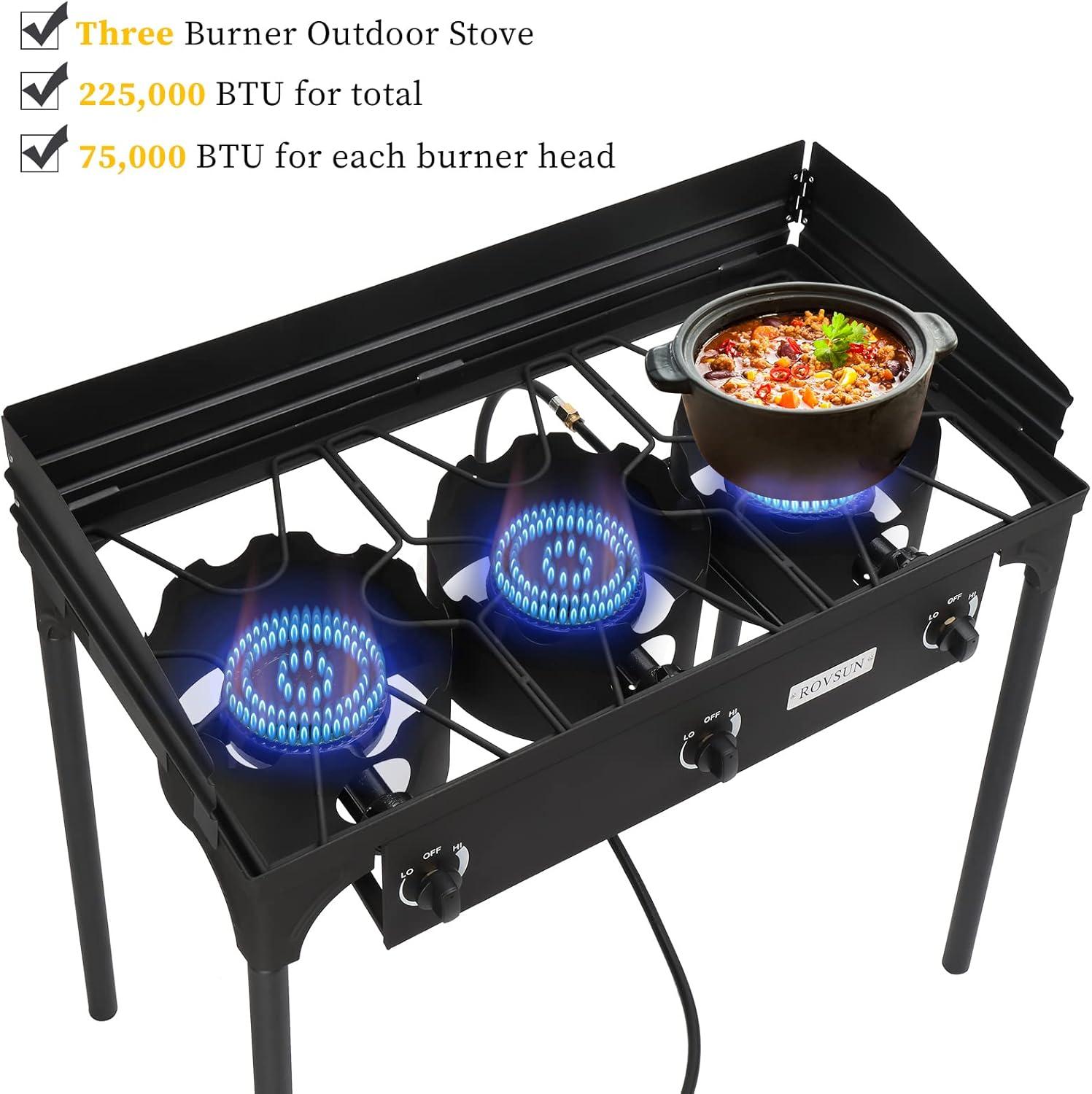 Bonnlo 3-Burner Outdoor Portable Propane Burner Stove 225,000-BTU Gas Cooker with Windscreen & Carrying Bag, Heavy Duty Iron Cast Patio Burner with Detachable Stand Legs for Camp Cooking
