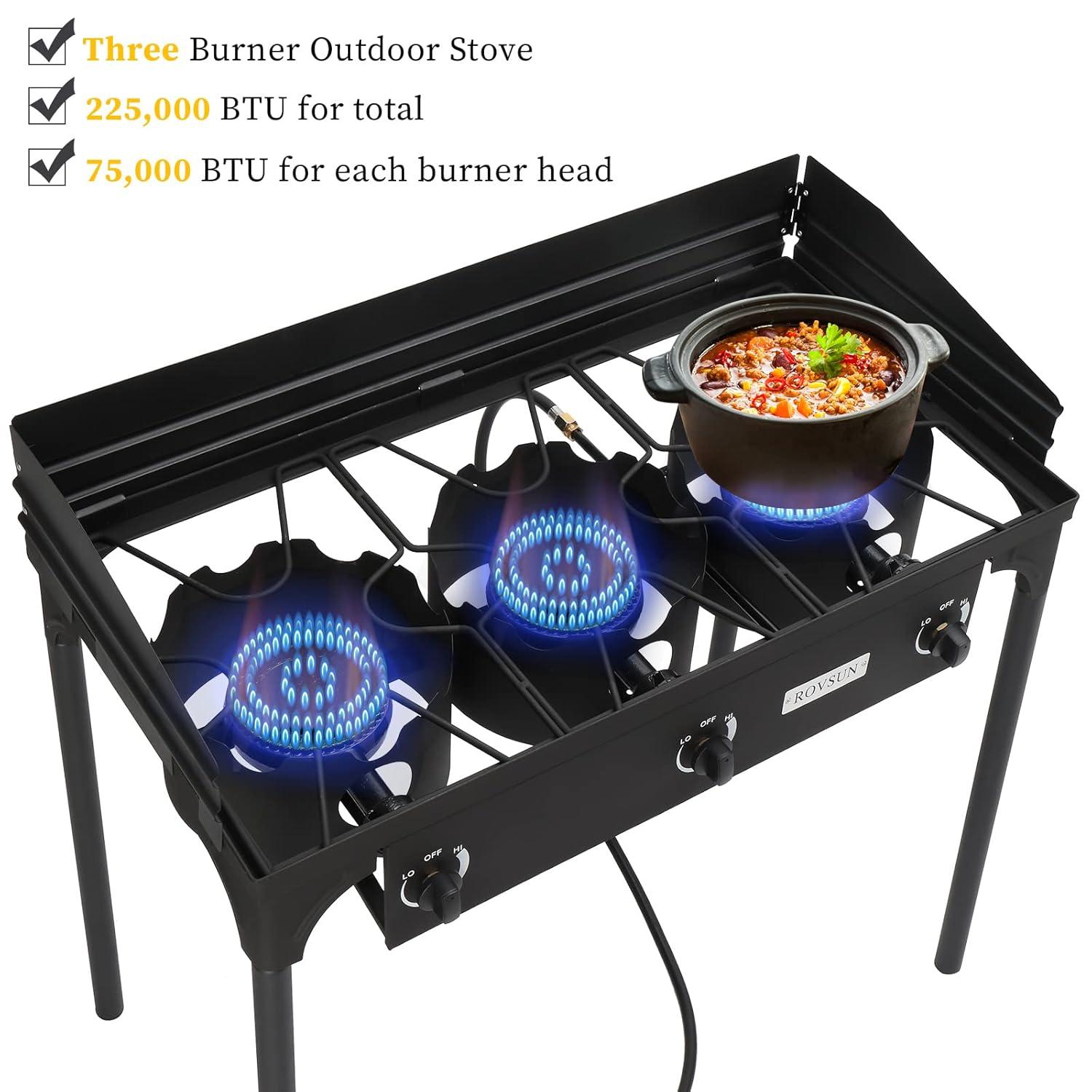 Bonnlo 3-Burner Outdoor Portable Propane Burner Stove 225,000-BTU Gas Cooker with Windscreen & Carrying Bag, Heavy Duty Iron Cast Patio Burner with Detachable Stand Legs for Camp Cooking