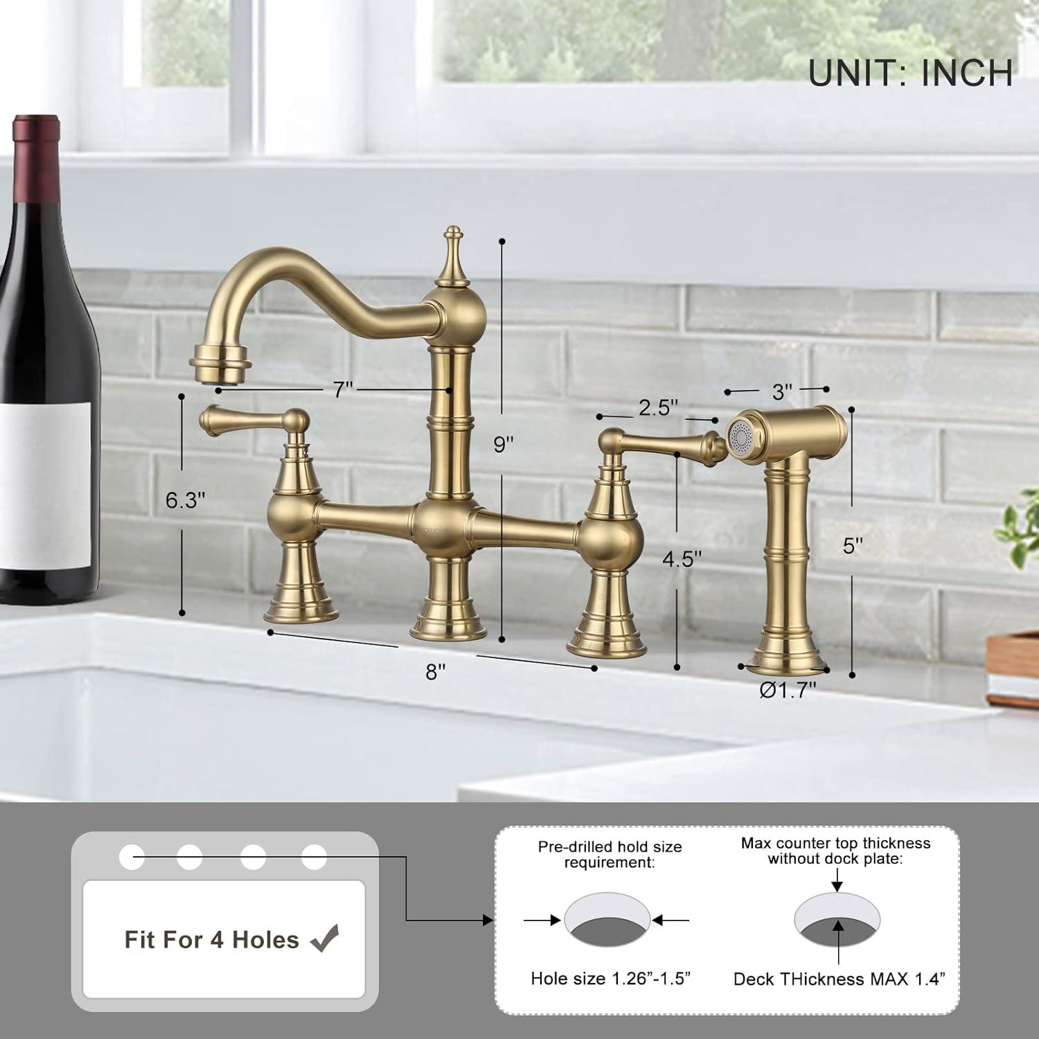 WOWOW Vantge Kitchen Faucet Brass with Side Sprayer, 4 Hole Kitchen Faucet 2 Handle  Centerset Faucet