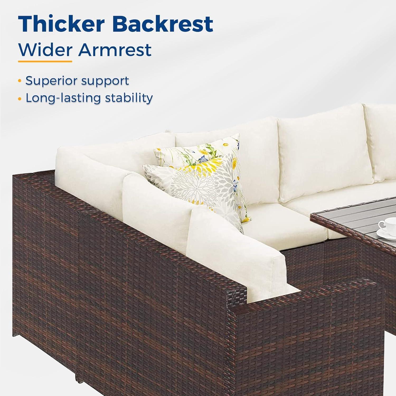 Wisteria Lane Patio Furniture Set, 7 Piece Outdoor Dining Sectional Sofa with Dining Table and Chair, All Weather Wicker Conversation Set with Ottoman, Brown