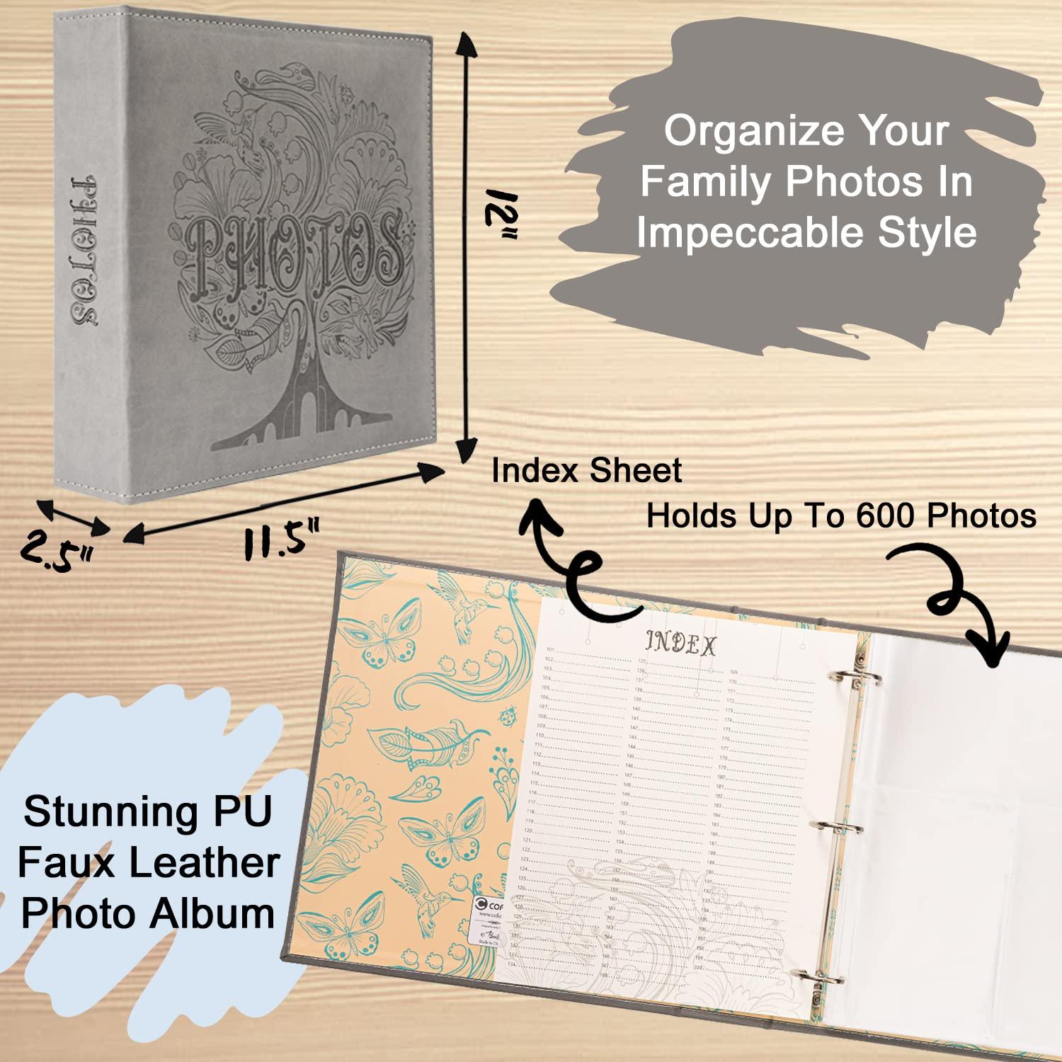 COFICE Photo Album 4x6-3 Ring Binder Large Picture Album Book with Index and Divider Sheets - Big Photobook with Acid-Free Pocket Sheets Holds up to 600 Photos - Elegant PU Leather Cover, Grey