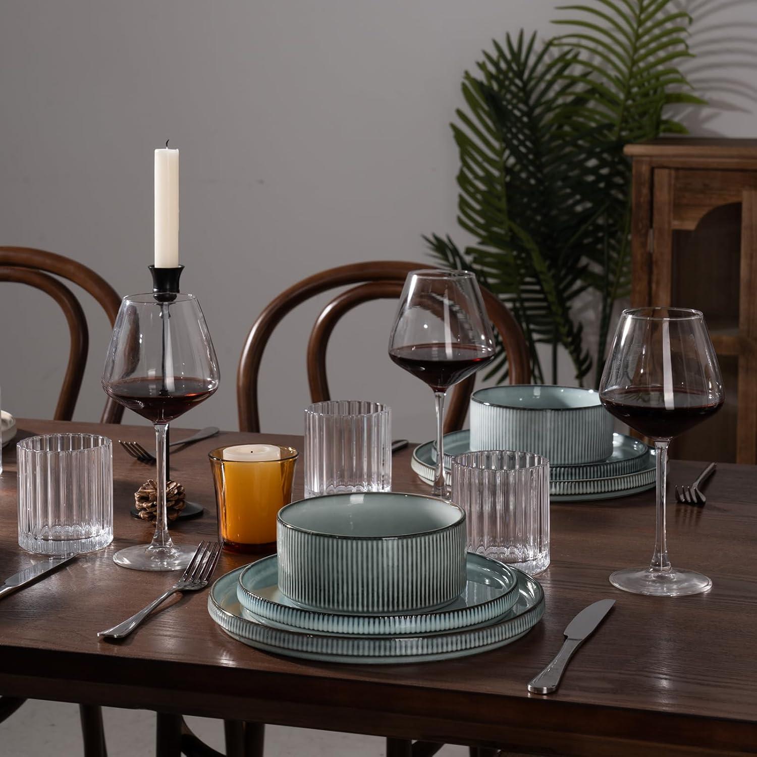 Famiware Star Stoneware Dinnerware Sets, Plates and Bowls Set for 4, 12 Piece Dish Set, Smoky Blue