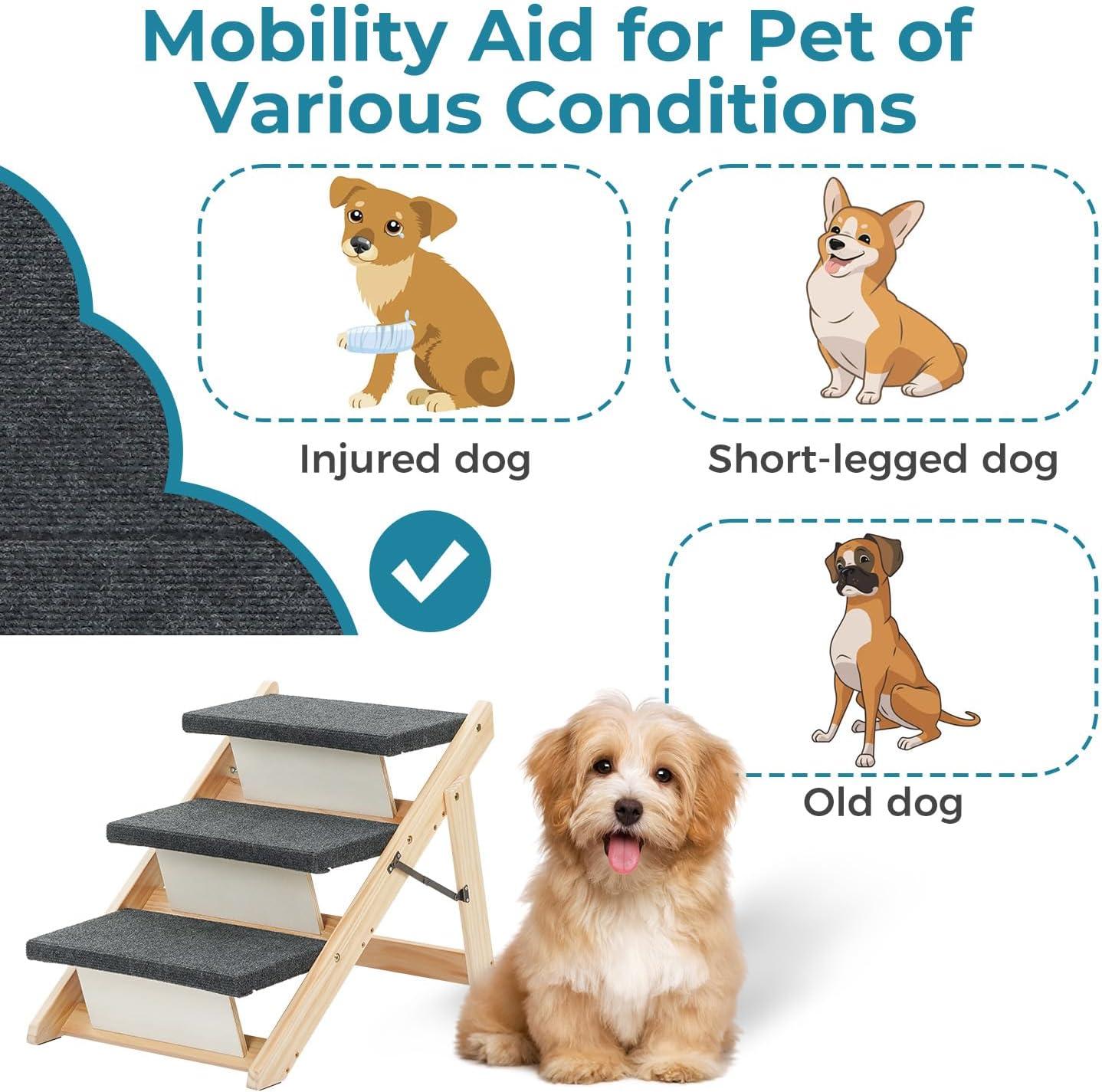 Foldable 3-Level Gray Fabric and Wood Pet Stairs