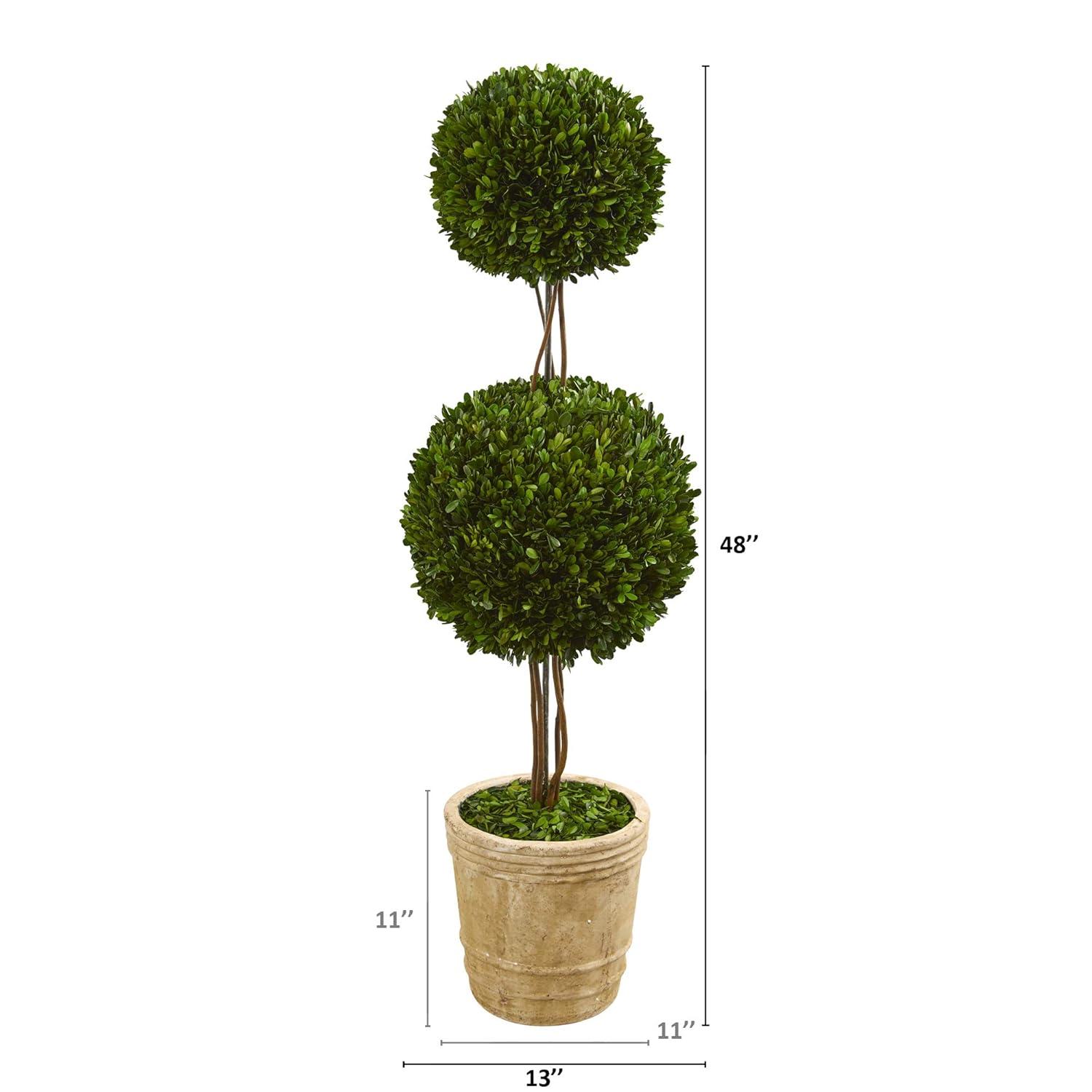 Nearly Natural 4-ft Preserved Boxwood Double Ball Topiary Tree in Planter