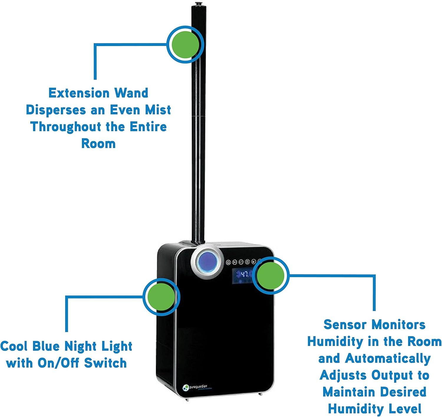 PureGuardian 2-Gallon 120-Hour Ultrasonic Warm and Cool Mist Humidifier, 500 Sq. ft, Black, H8000B