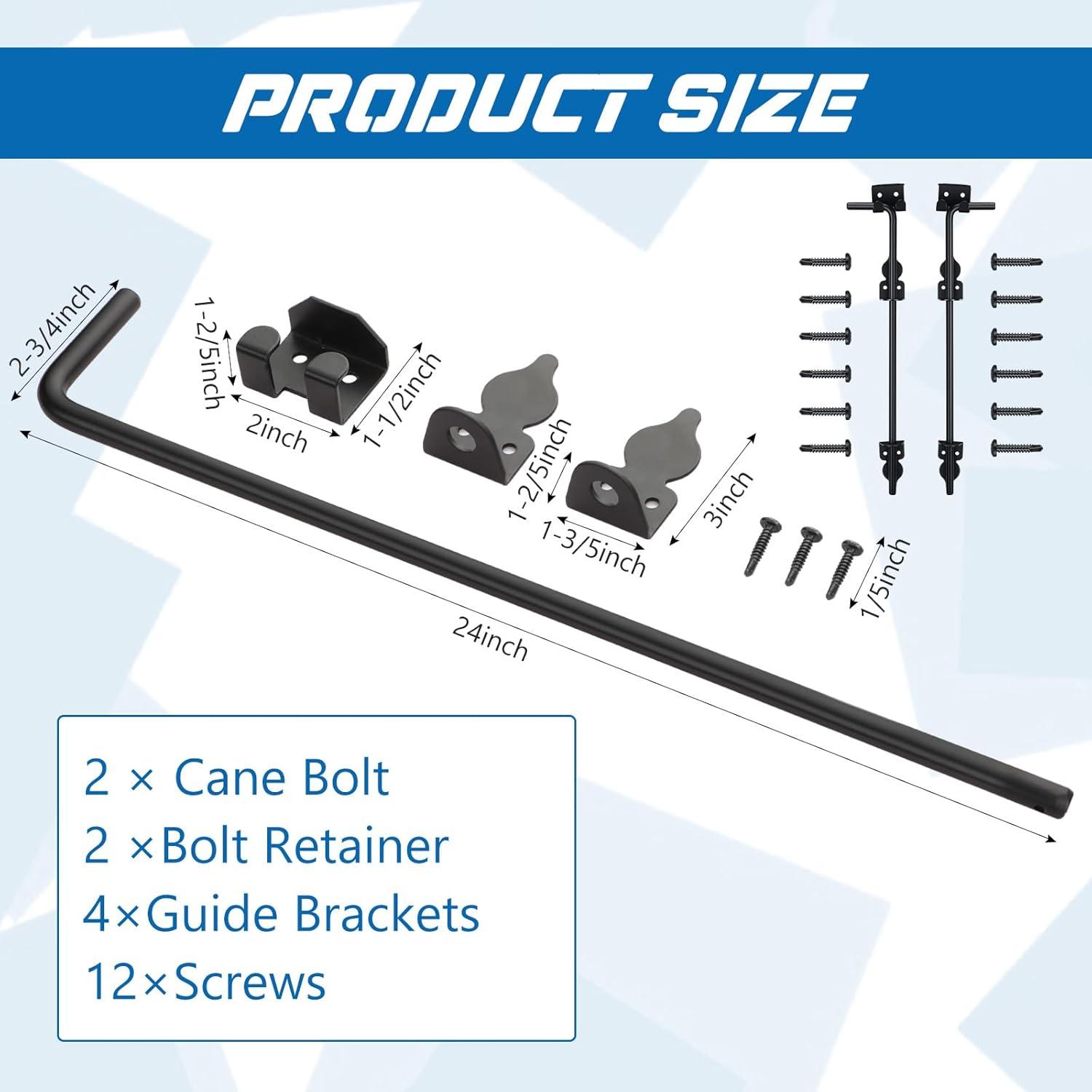 24 Inch Cane Bolt Gate Drop Rod Heavy Duty Gate Hardware, Gate Ground Latch for Wooden Fences, Metal Gates Doors Stopper for Gate Ground, Wrought Iron Gate Latches, Black Finish(2 Pack)