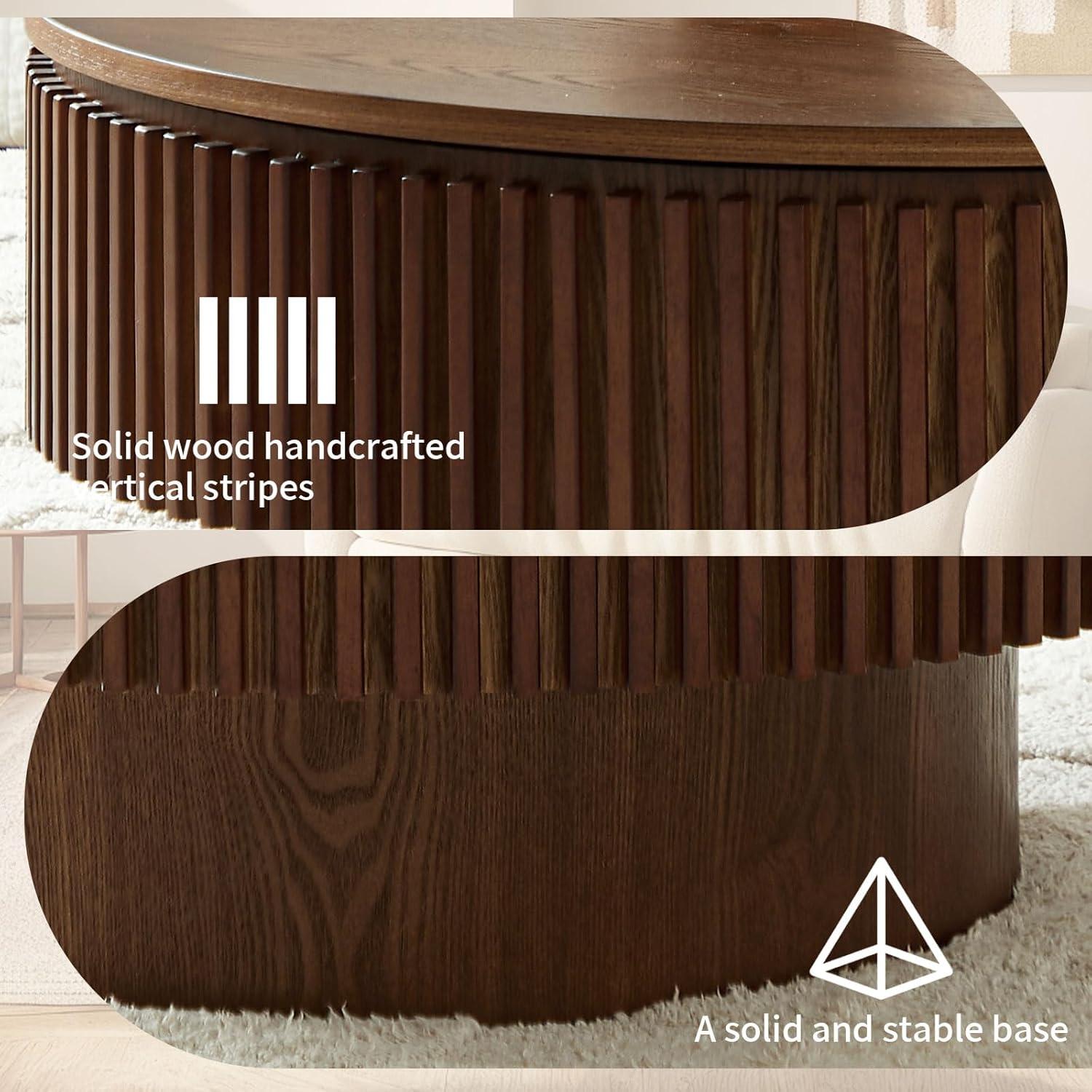31.5" Round Wood Coffee Table with Storage - Modern Drum Circle Fluted Side Table for Apartment, Office - Easy Assembly, Walnut