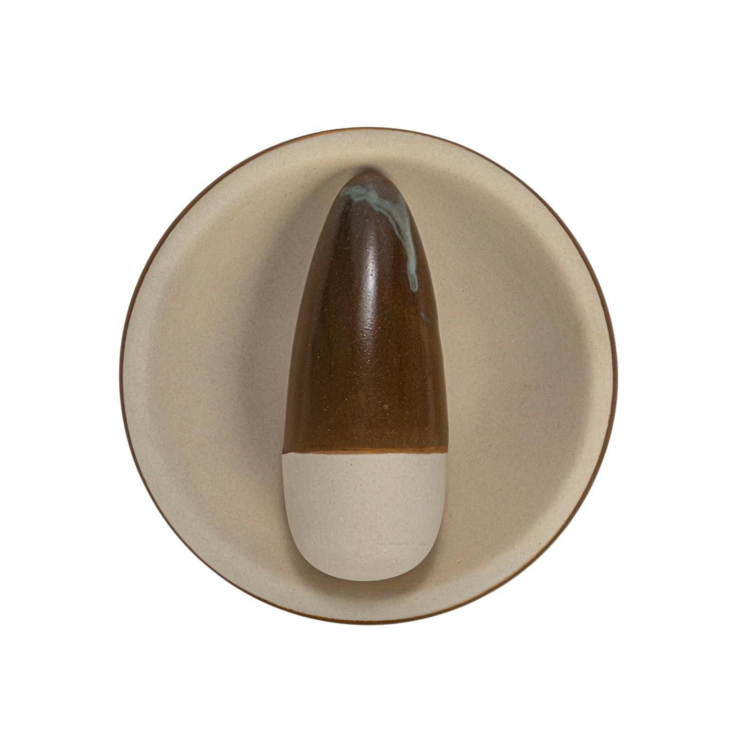 Small Brown and Cream Ceramic Mortar and Pestle