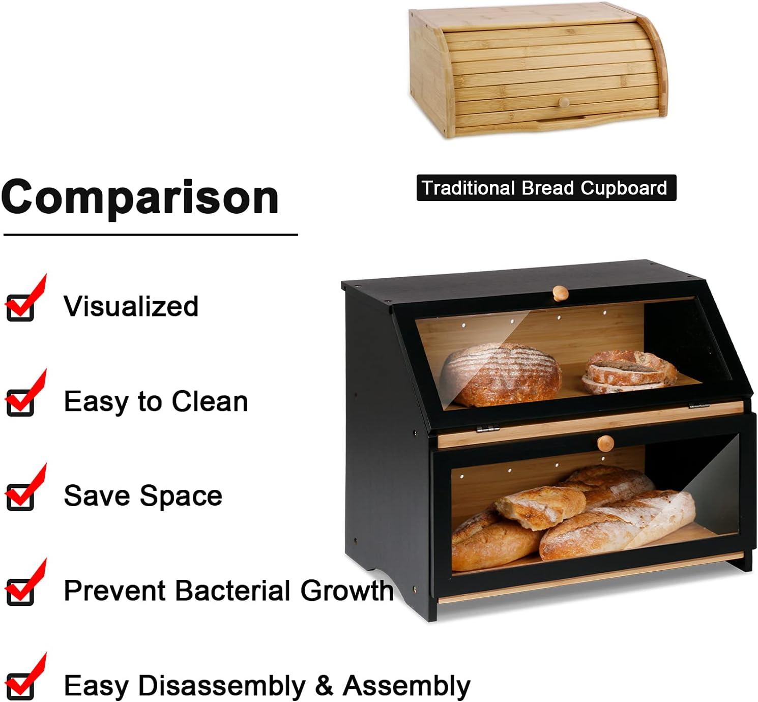 hghfhj   HOMEKOKO Double Layer Large Bread Box for Kitchen Counter  Wooden Large Capacity Bread Storage Bin (Black)