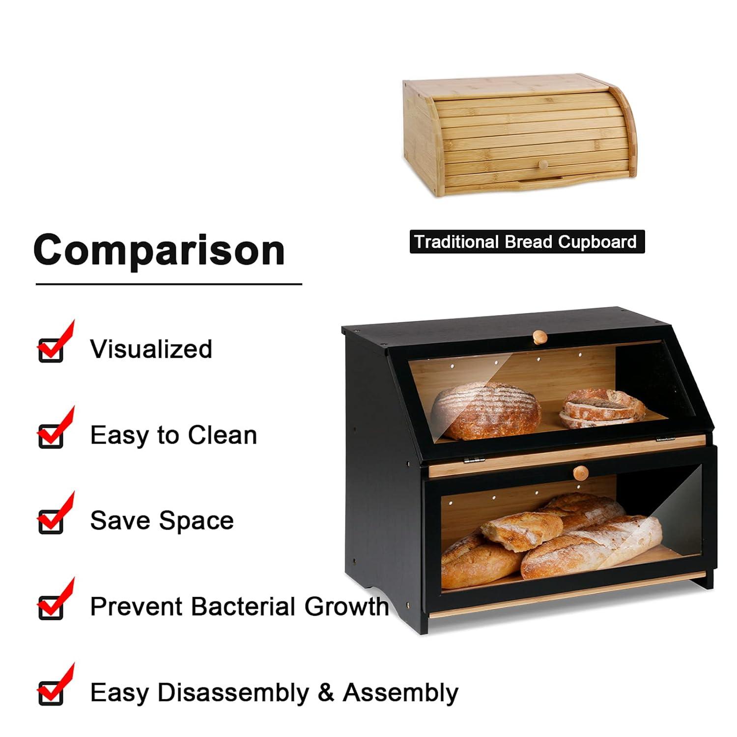 Bamboo Bread Container for Countertop, Double Layer Bread Storage with Acrylic Door Panel, Wooden Large Capacity Storage Bins for Kitchen Pantry Cupboard(Black)