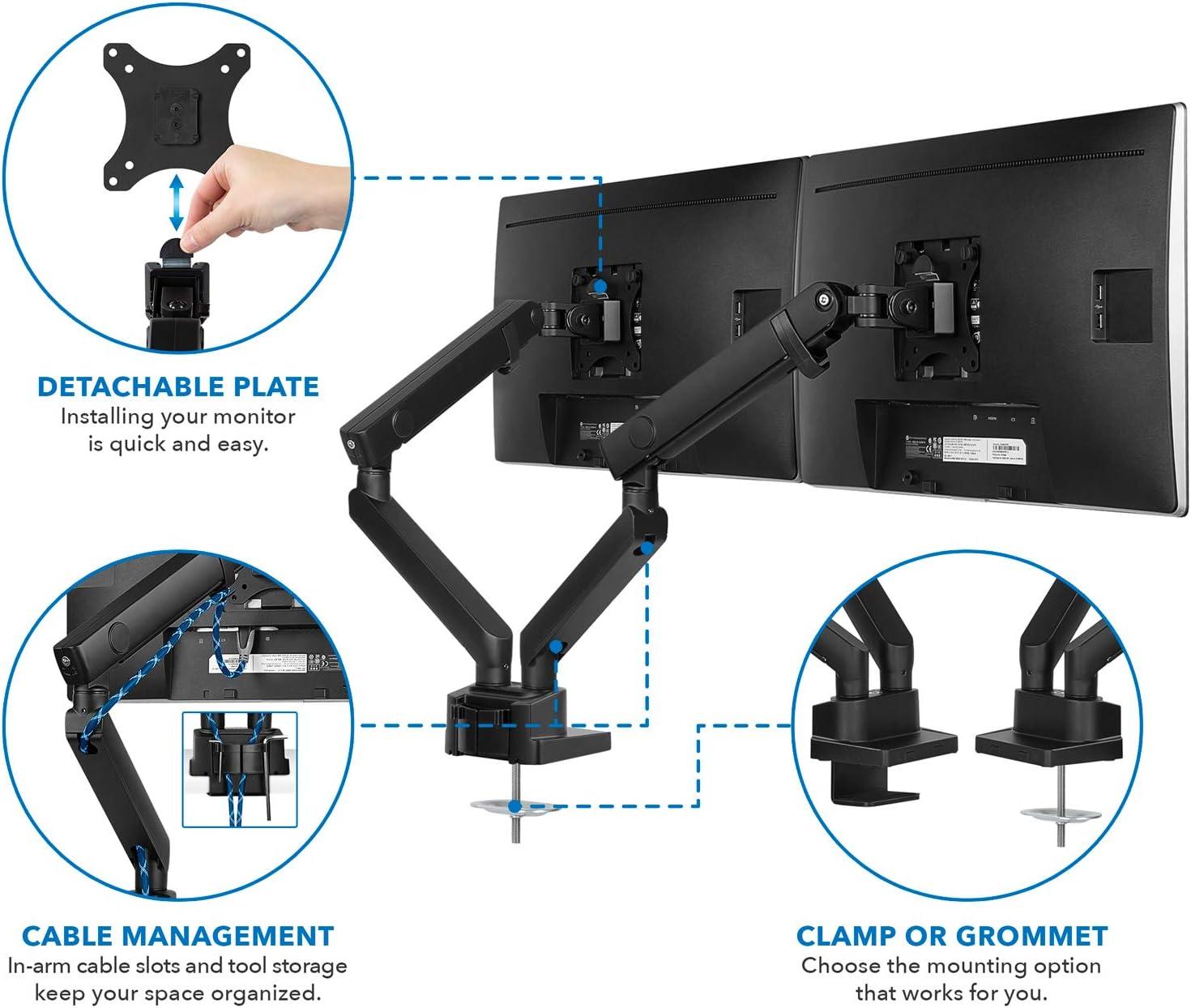 Mount-It! Dual Monitor Arm Mount Desk Stand | Articulating Mechanical Spring Height Adjustable | Fits Two 17 - 32 Inch Screens | C-Clamp and Grommet