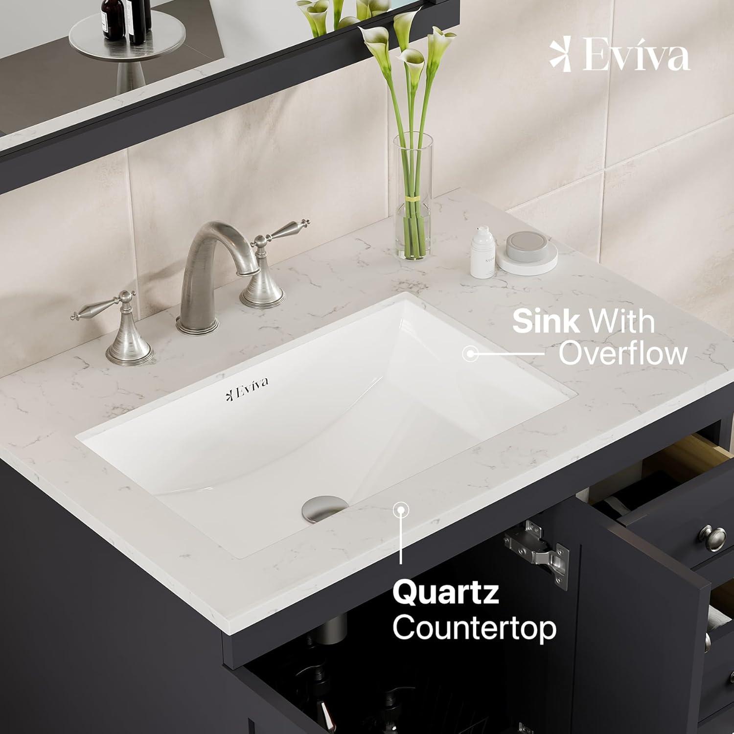 Eviva Acclaim 30"W x 22"D Drak Gray Bathroom Vanity with White Carrara Quartz Vanity Top and Rectangular Undermount Sink