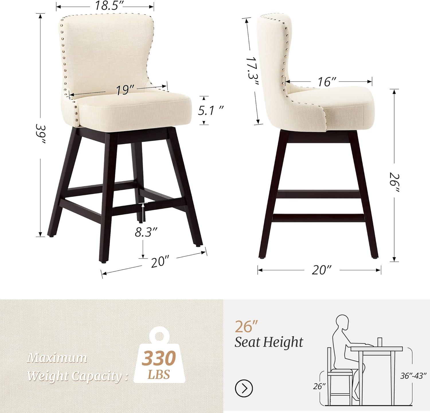 Counter Height Bar Stools, 26" H Swivel Bar Stool with Back, Linen Fabric Counter Stool, Solid Wood Legs, Retro Upholstered Barstools for Kitchen Island, Home Bar, Pub, Beige