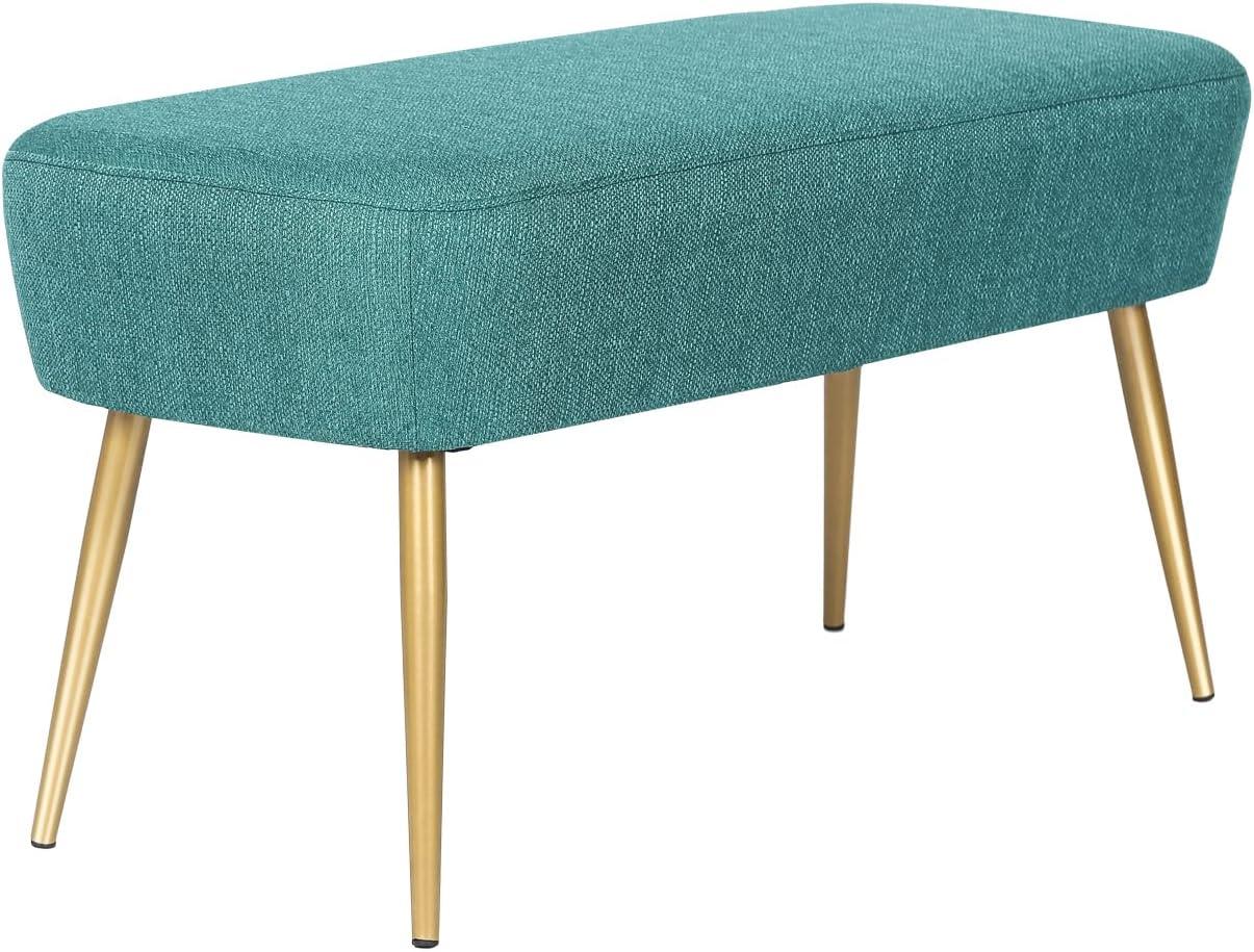 Adeco Upholstered Line PeacockGgreen Ottoman, 35 inch, End of Bed Footrest Stool with Golden Metal Legs for Bedroom, Living Room Entryway Bench, Peacock Green (KX0167-6)