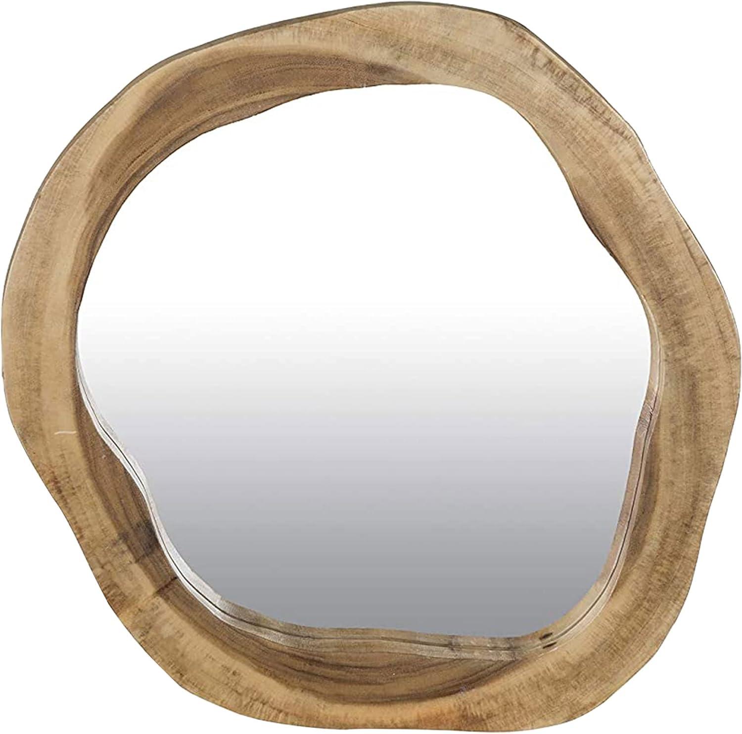 24" Round Natural Brown Solid Wood Asymmetrical Wall Mirror