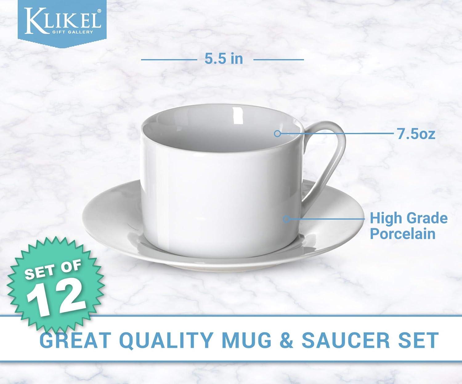 Klikel Tea Cups And Saucers Set - 6 Piece White Coffee Mug Set - 6 Inch Plates And 8.5oz Mugs - Cappuccino Cup And Saucer Set For Latte Cafe Mocha Espresso Bar