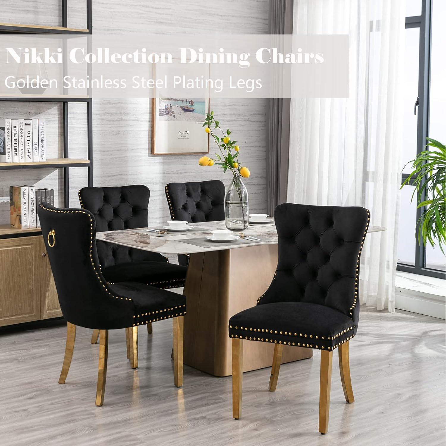 ODUSE-DAILY Black Velvet Dining Chairs Set of 4, Kitchen & Dining Room Chairs, Nailheads Tufted, Sillas De Comedor, Fabric Upholstered, Golden Metal Legs (Black, 4 Pcs)