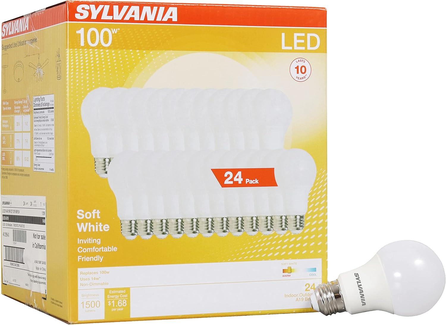 SYLVANIA LED A19 Light Bulb, 60W Equivalent, Efficient 8.5W, 10 Year, 2700K, 800 Lumens, Frosted, Soft White - 24 Pack (74765), Packaging may vary.