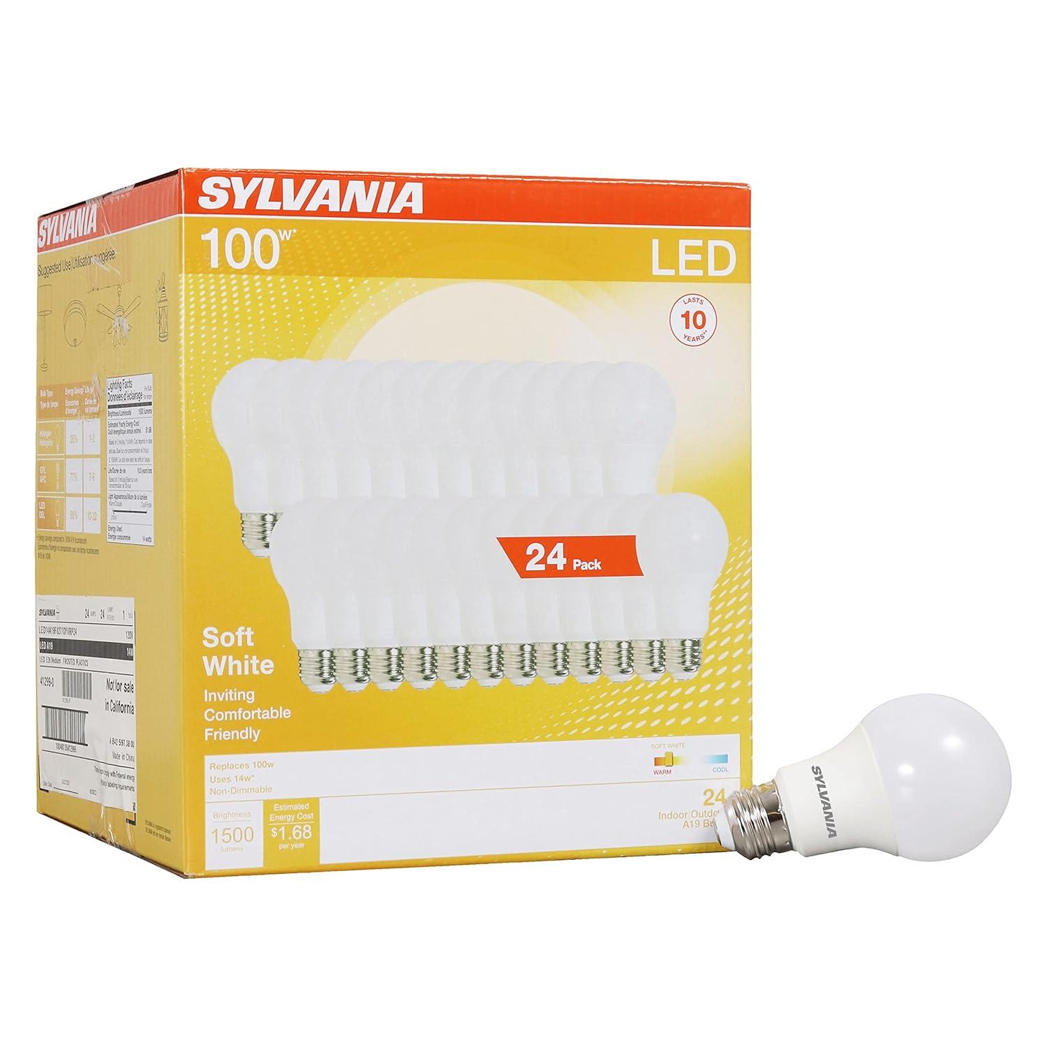 SYLVANIA LED A19 Light Bulb, 60W Equivalent, Efficient 8.5W, 10 Year, 2700K, 800 Lumens, Frosted, Soft White - 24 Pack (74765), Packaging may vary.