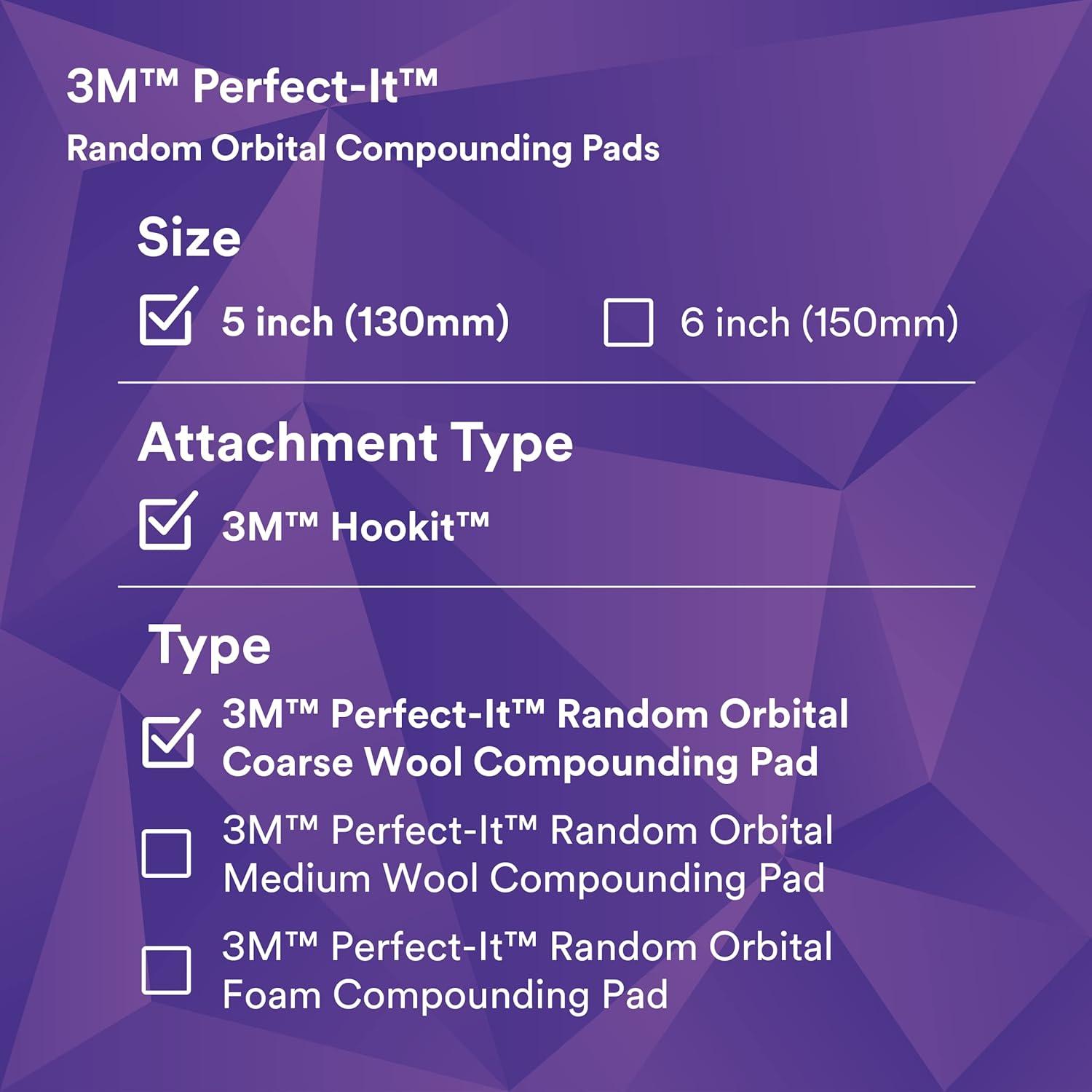 3M Perfect-It Random Orbital Coarse Wool Compounding Pad 34120, 5 Inch (130 mm), White, 2 Pads/Bag