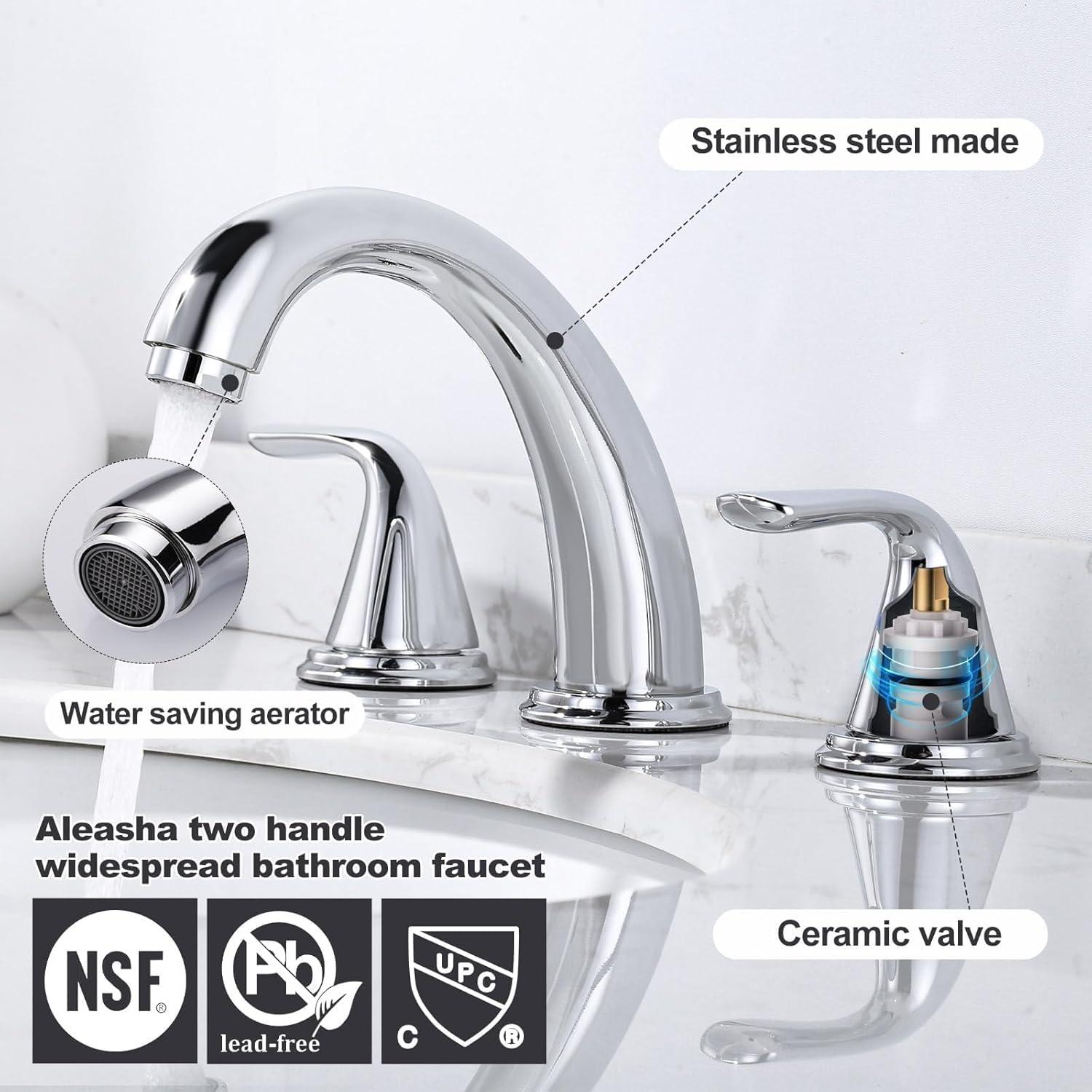 Aleasha Widespread Bathroom Sink Faucet, 3 Hole Faucet With Pop-Up Drain