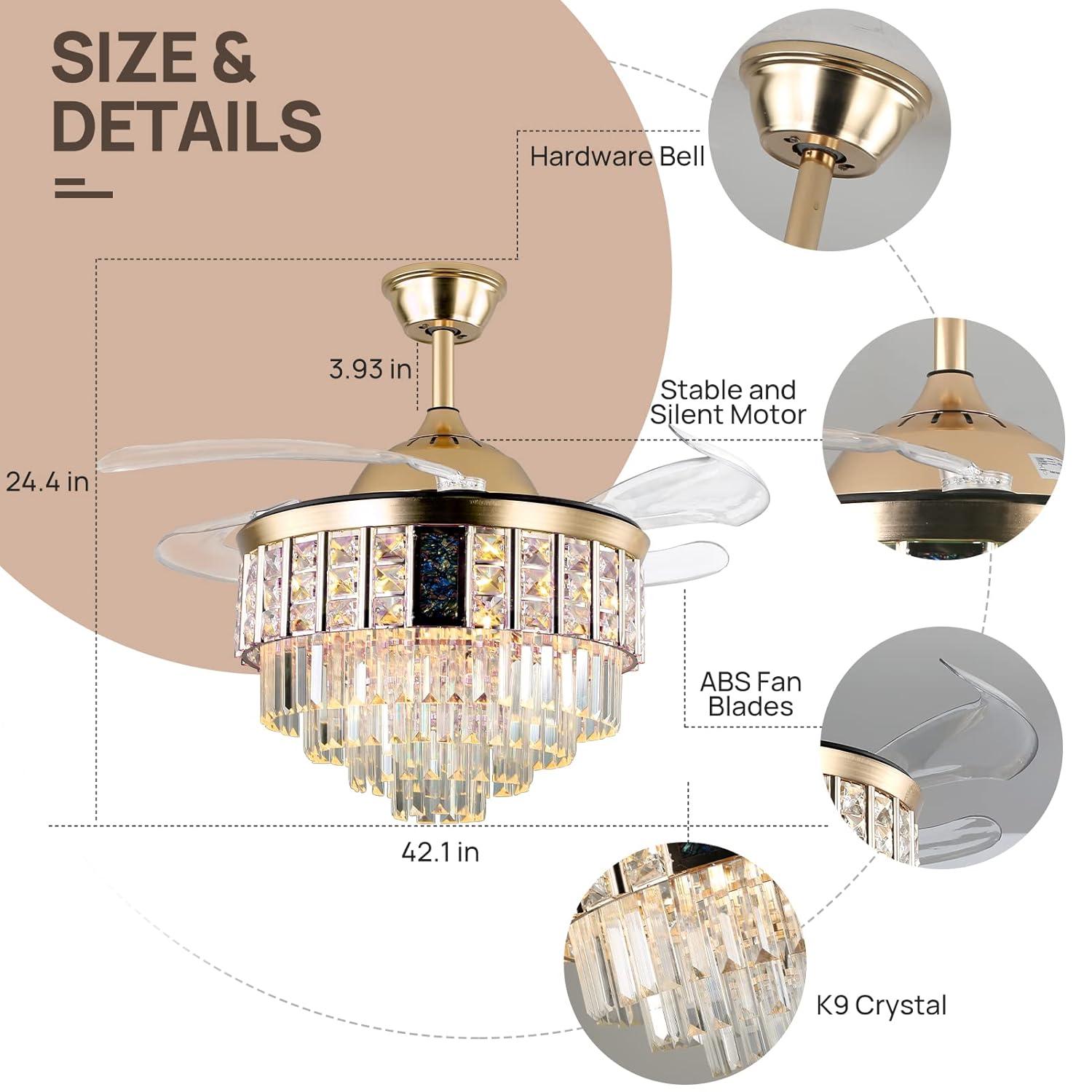 42 in. Integrated LED Indoor Gold Luxury Automatic Retractable Crystal Ceiling Fan with Remote